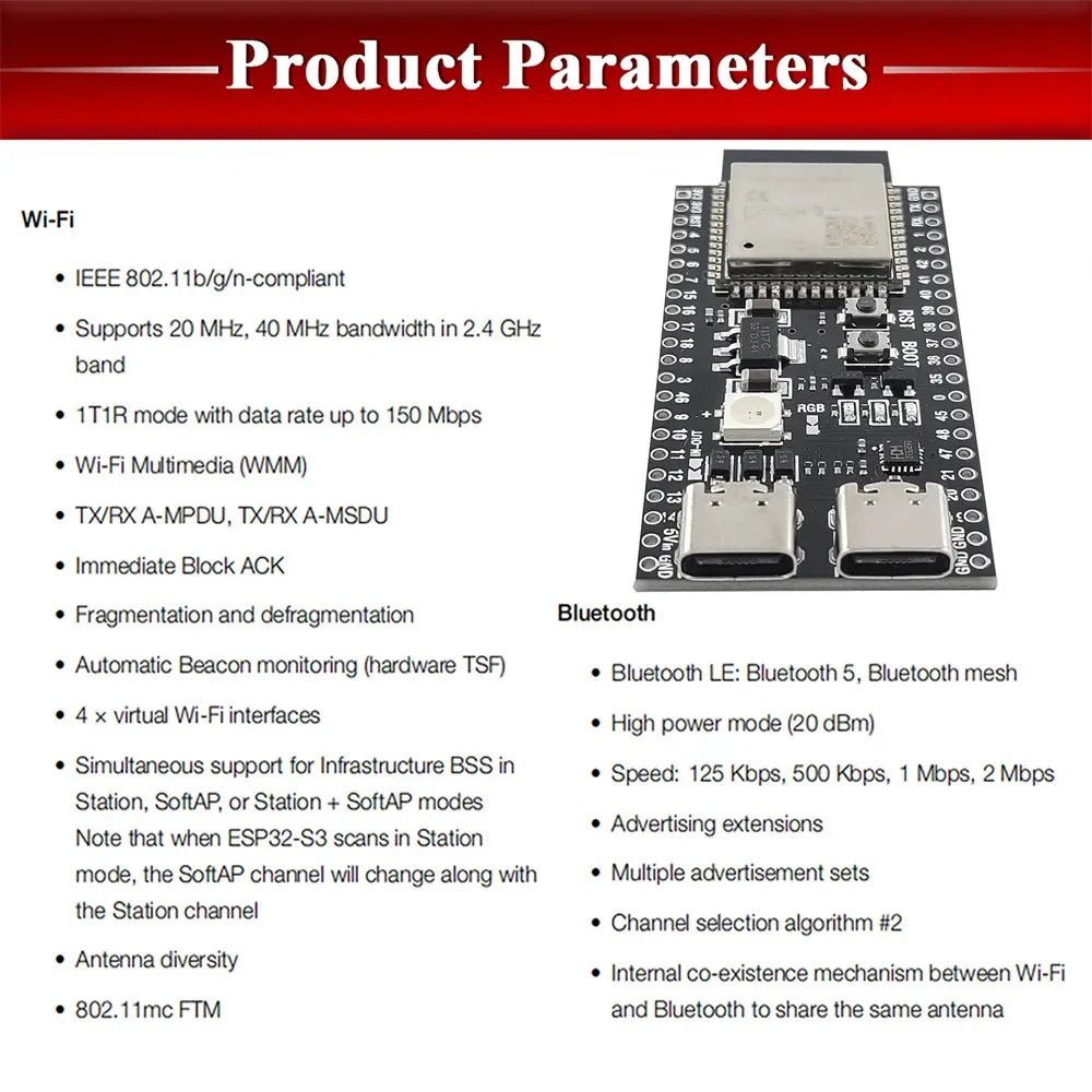 ESP32-S3 Wifi BT Module Development Board for Arduino IDE ESP32-S3-WROOM1 N16R8 N8R2 44Pin Type-C 16MB Flash 8M PSRAM ESP32 S3 - PrimeNest
