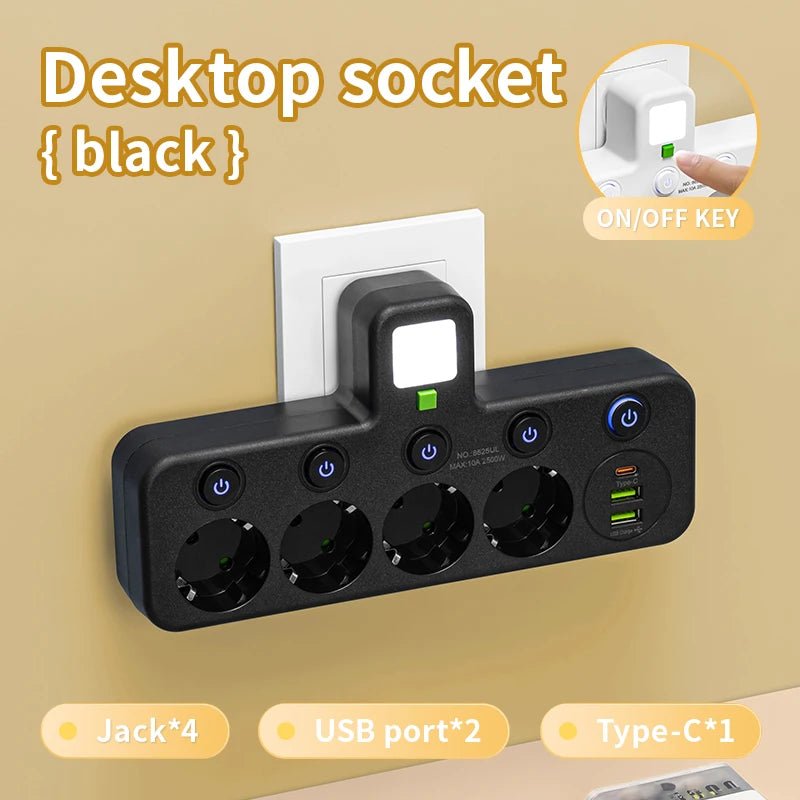 EU plug and socket, 4-pole socket, multifunctional wall plug, with or without extension cords or USB and Type-C interfaces - PrimeNest