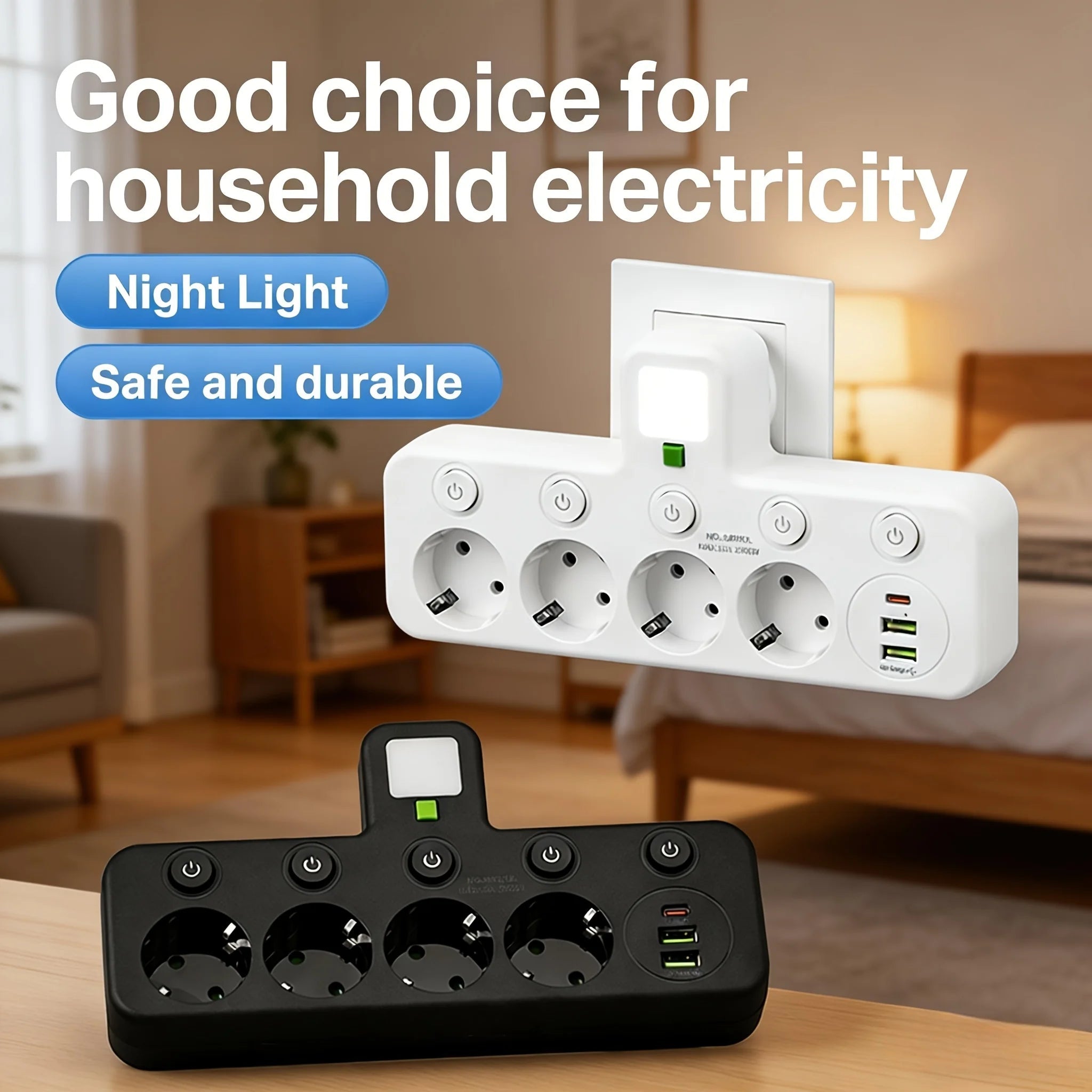 EU plug and socket, 4-pole socket, multifunctional wall plug, with or without extension cords or USB and Type-C interfaces - PrimeNest