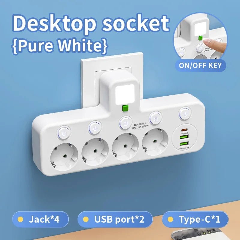 EU plug and socket, 4-pole socket, multifunctional wall plug, with or without extension cords or USB and Type-C interfaces - PrimeNest