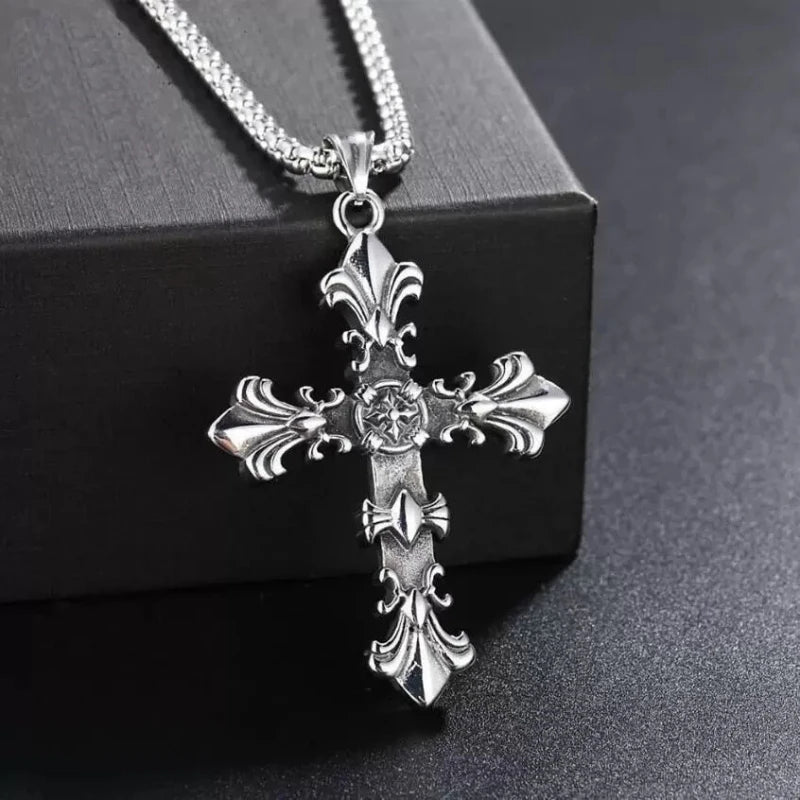Fashion Stainless Steel Jewelry Set for Men Unisex Vintage Silver Color Cross Pendant Necklace, Bracelet Sets Punk Streetwear - PrimeNest