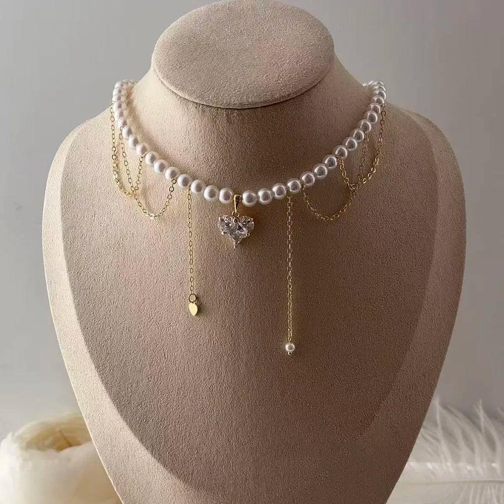 Fashion Tassel Chain Pendant Necklace For Women Boho Transparent Crystal & Imitation Pearl Chain Jewelry Valentine's Gift N0538 - PrimeNest