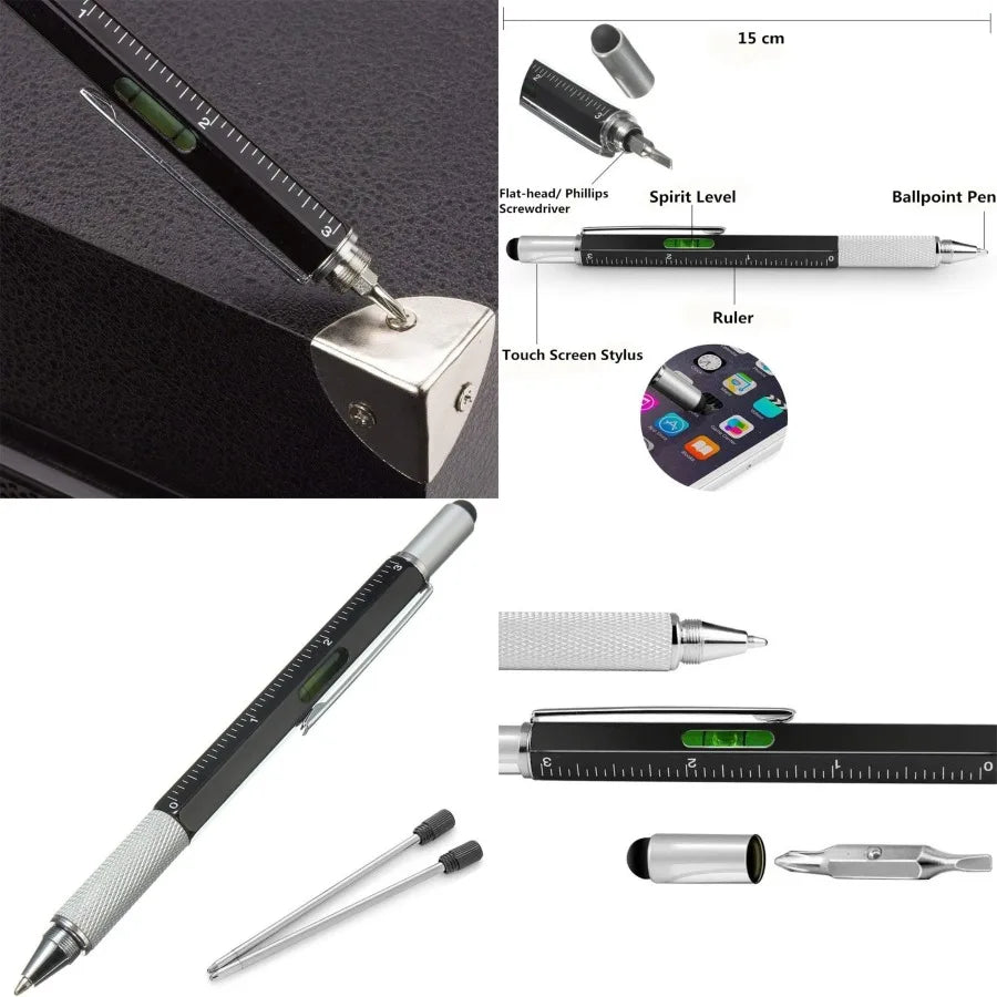 Multifunction Tech-Tool Pen with Ballpoint Pen Touch Screen Stylus Ruler Spirit Level Flat-head and Phillips Screwdriver - Idea