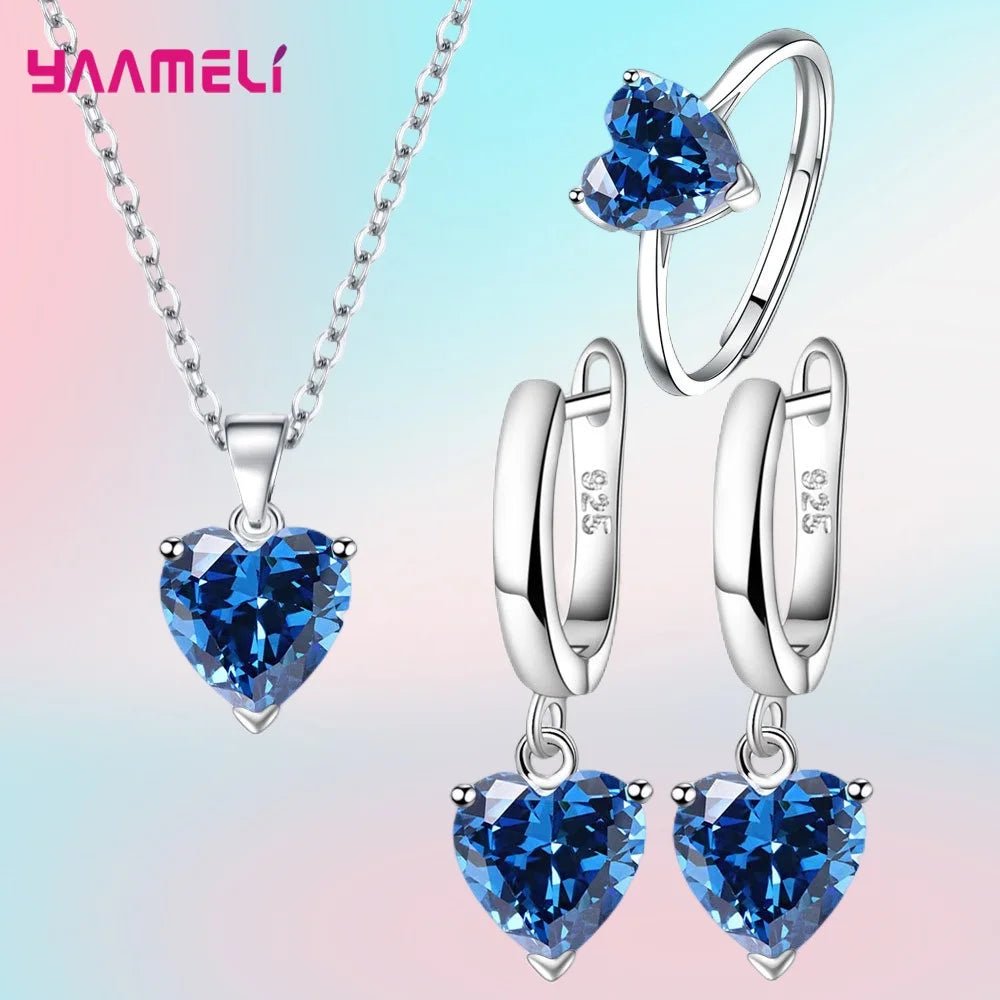 Fine 925 Sterling Silver Color Jewelry Gift Sets for Women Female Romantic Heart Zircon Huggie Earrings Pendant Necklace Ring - PrimeNest