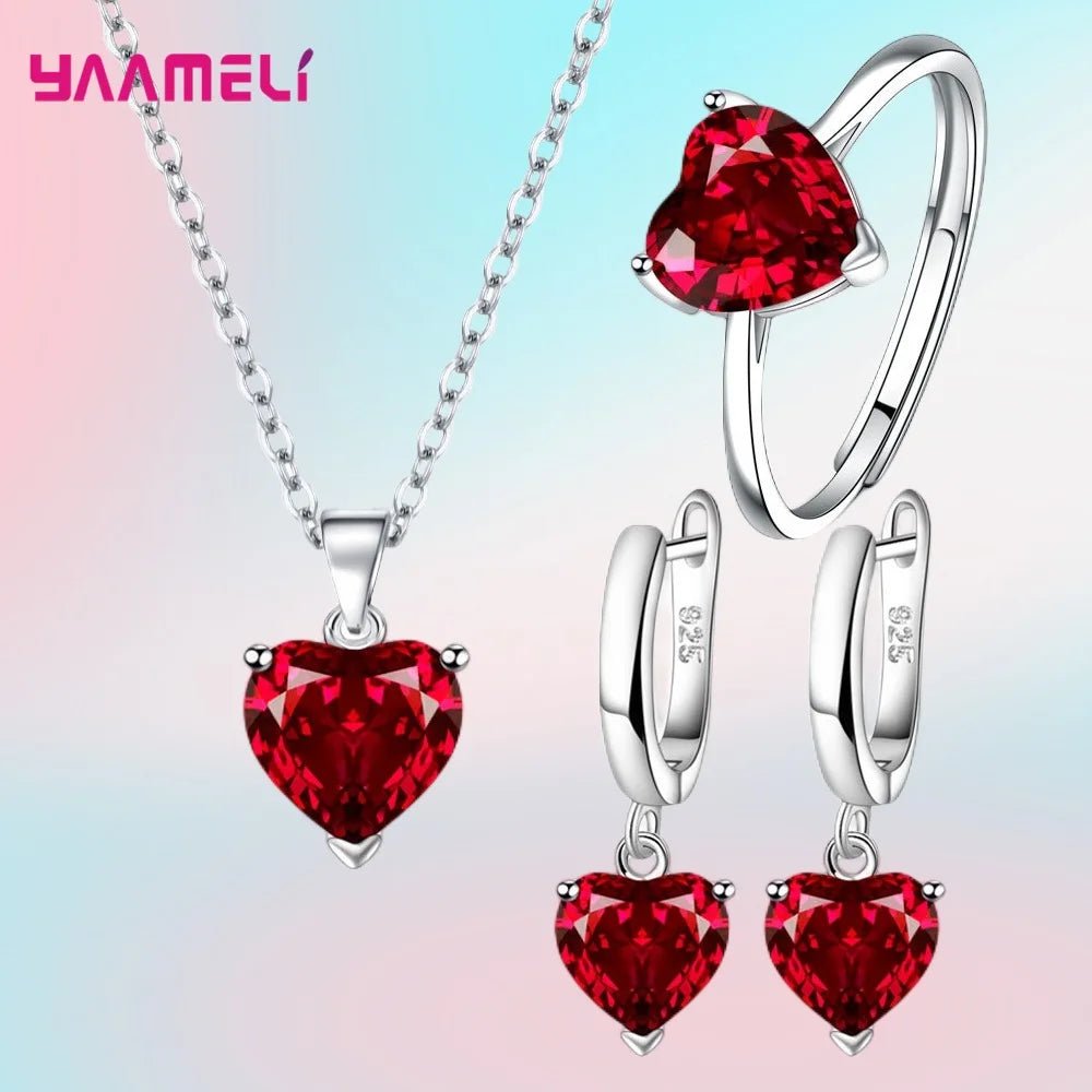 Fine 925 Sterling Silver Color Jewelry Gift Sets for Women Female Romantic Heart Zircon Huggie Earrings Pendant Necklace Ring - PrimeNest