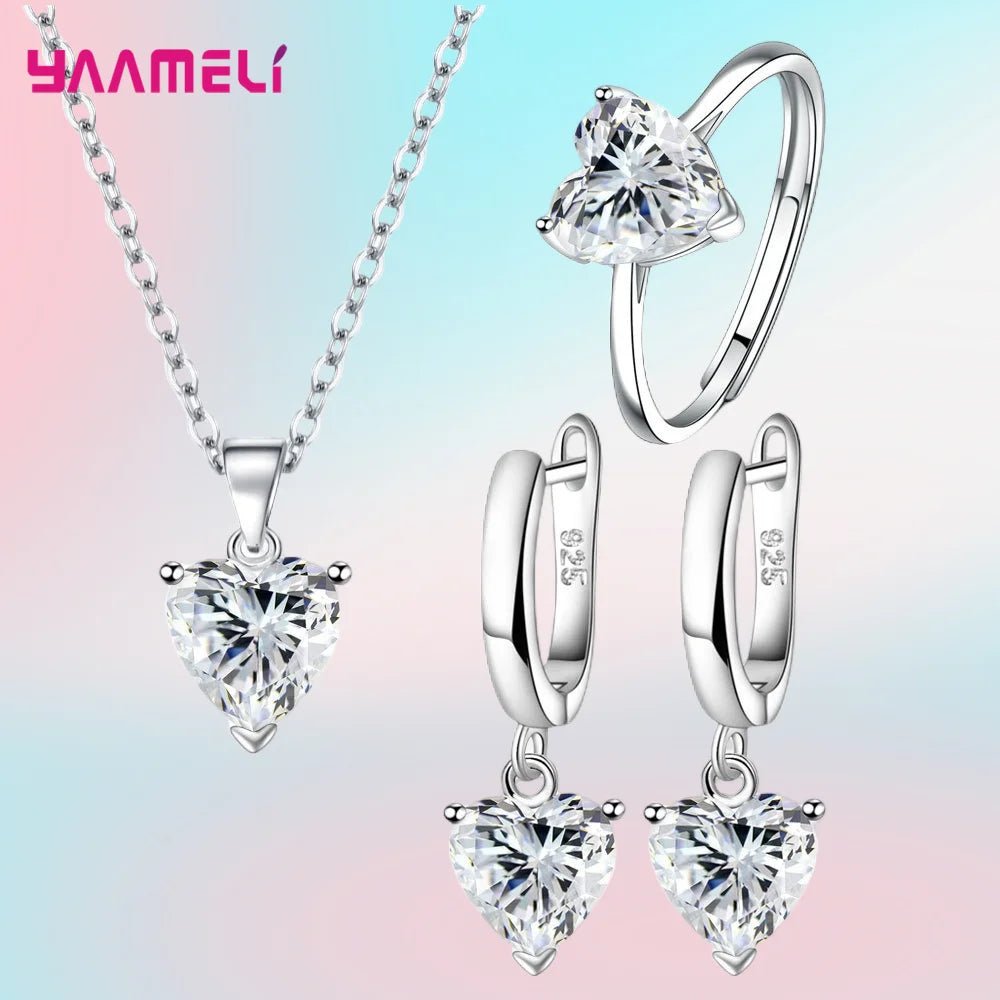 Fine 925 Sterling Silver Color Jewelry Gift Sets for Women Female Romantic Heart Zircon Huggie Earrings Pendant Necklace Ring - PrimeNest