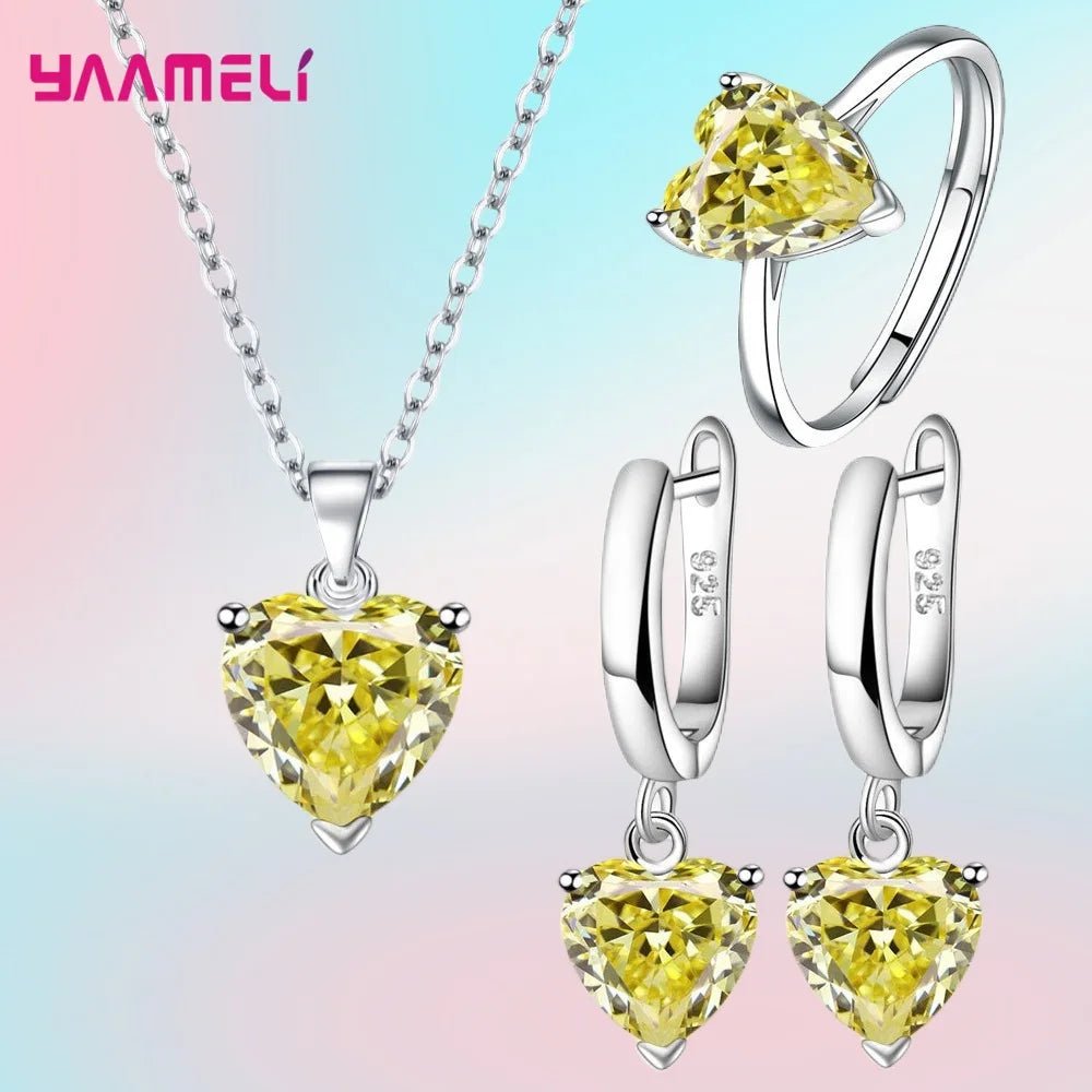 Fine 925 Sterling Silver Color Jewelry Gift Sets for Women Female Romantic Heart Zircon Huggie Earrings Pendant Necklace Ring - PrimeNest