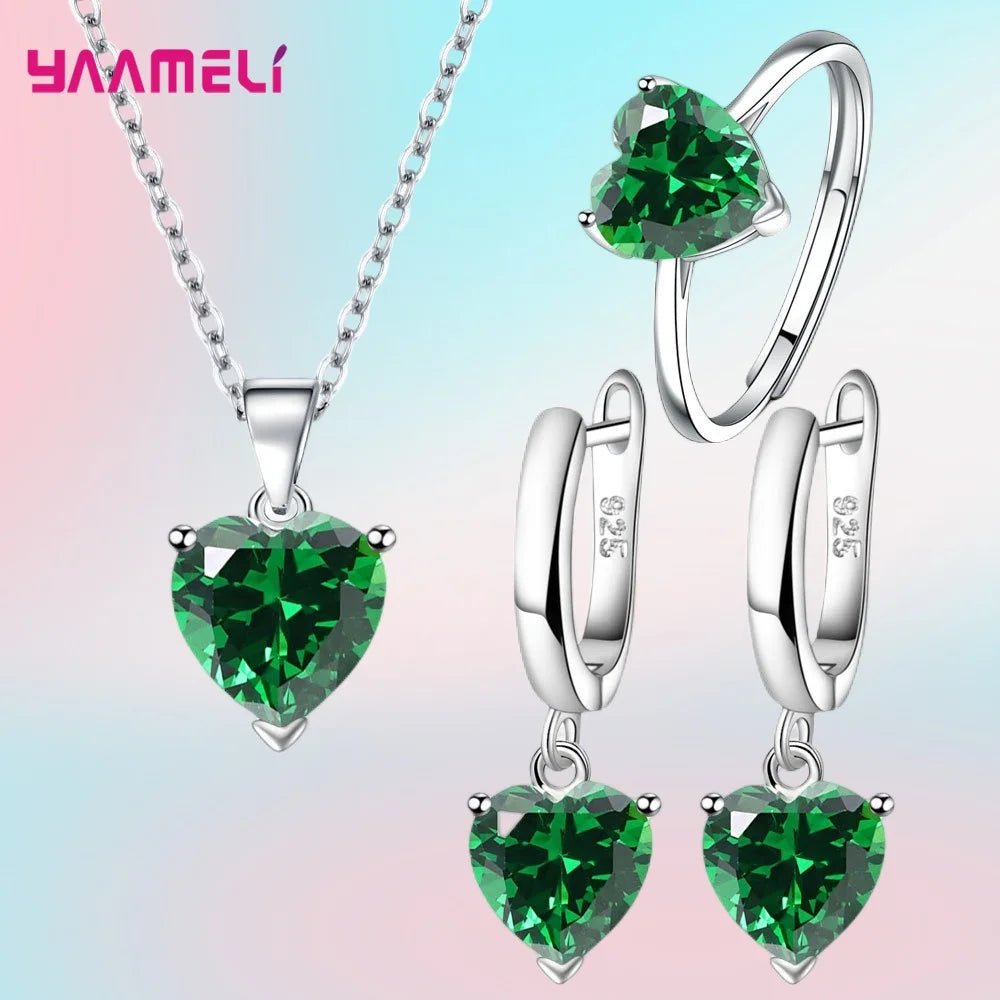 Fine 925 Sterling Silver Color Jewelry Gift Sets for Women Female Romantic Heart Zircon Huggie Earrings Pendant Necklace Ring - PrimeNest