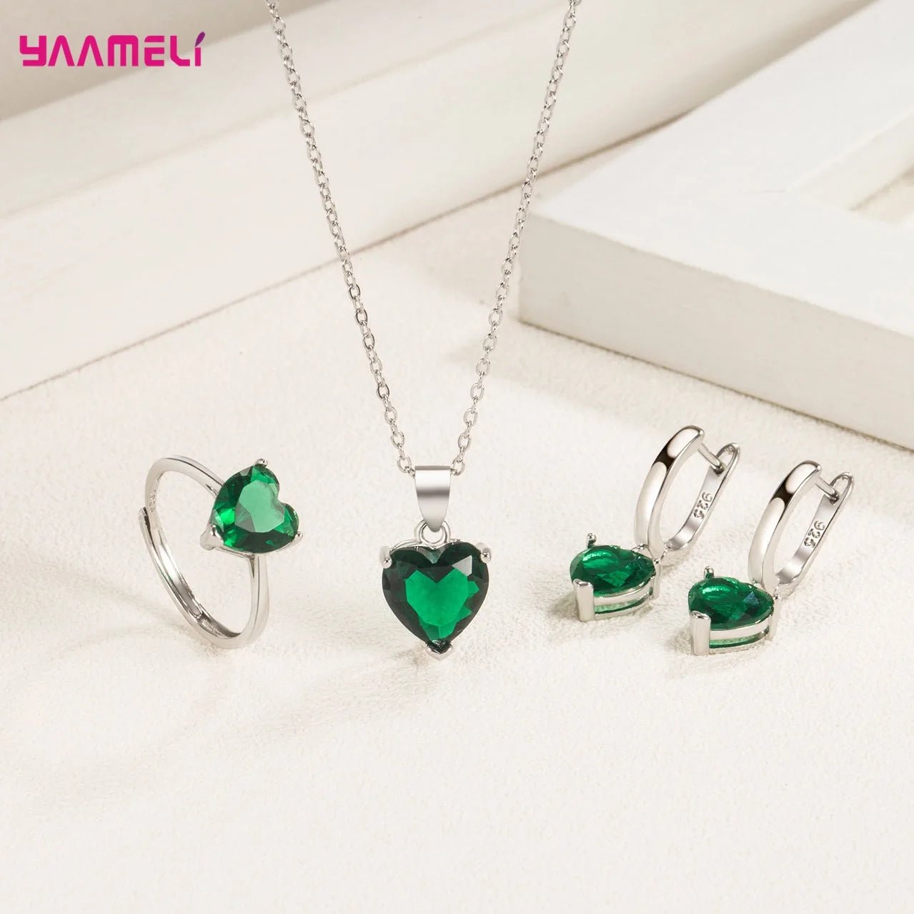 Fine 925 Sterling Silver Color Jewelry Gift Sets for Women Female Romantic Heart Zircon Huggie Earrings Pendant Necklace Ring - PrimeNest