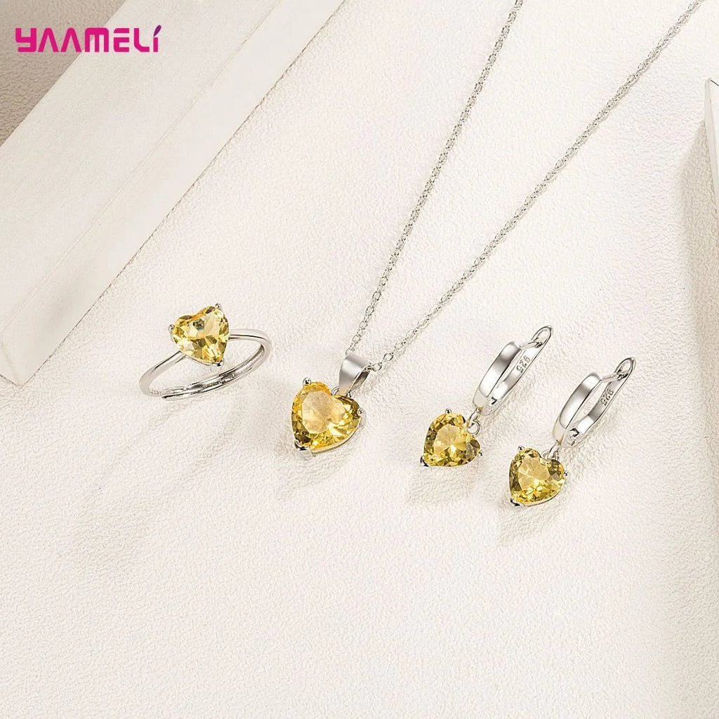 Fine 925 Sterling Silver Color Jewelry Gift Sets for Women Female Romantic Heart Zircon Huggie Earrings Pendant Necklace Ring - PrimeNest
