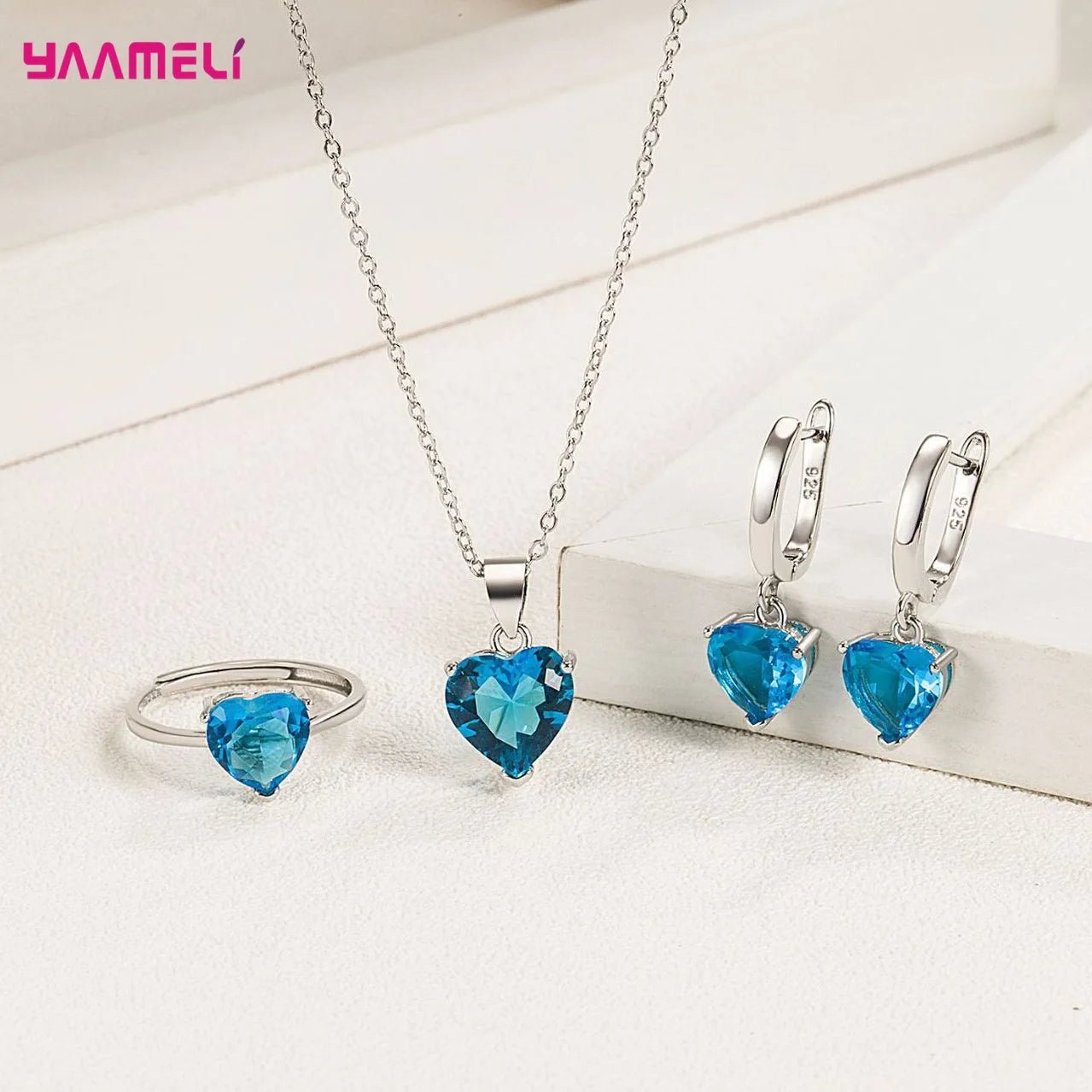 Fine 925 Sterling Silver Color Jewelry Gift Sets for Women Female Romantic Heart Zircon Huggie Earrings Pendant Necklace Ring - PrimeNest