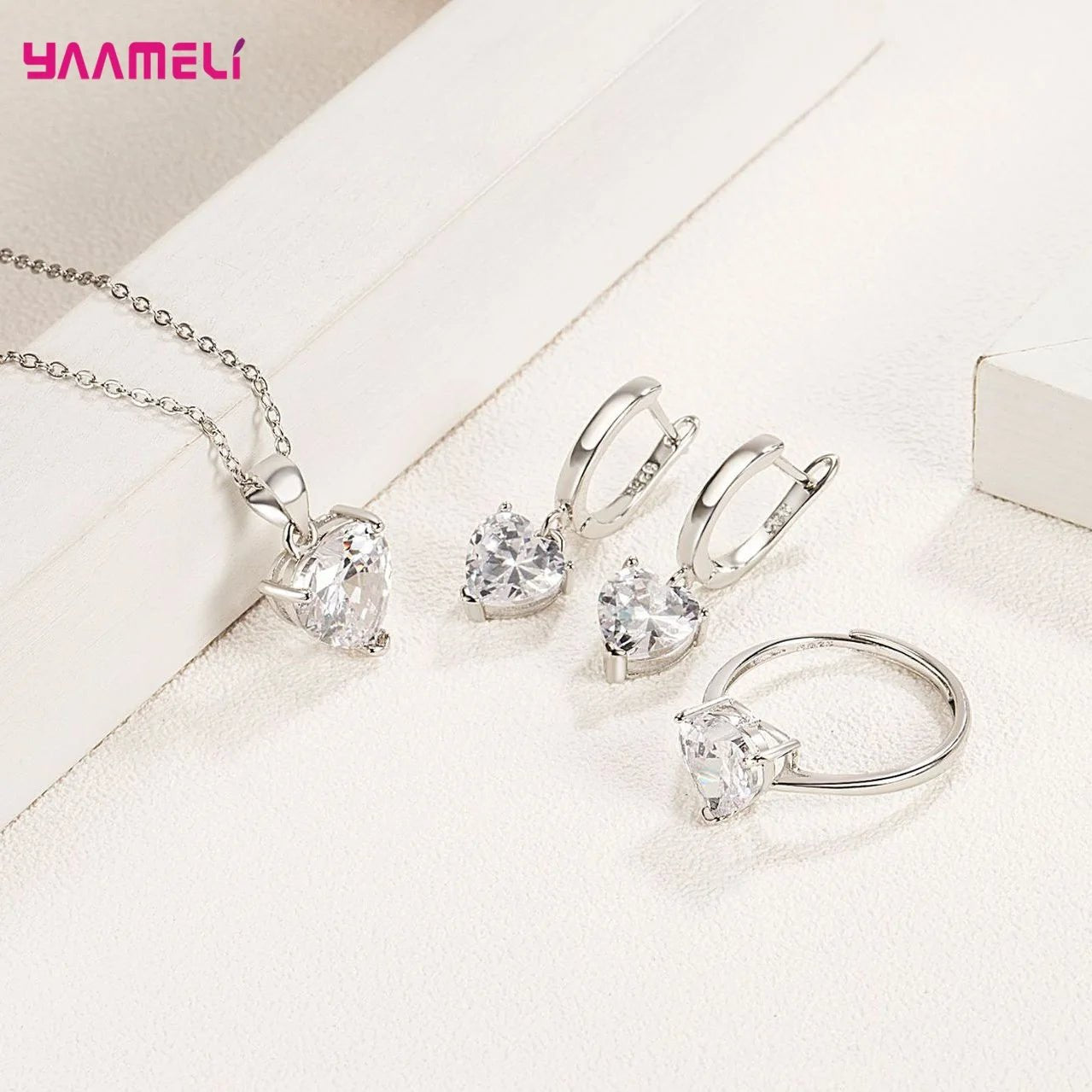 Fine 925 Sterling Silver Color Jewelry Gift Sets for Women Female Romantic Heart Zircon Huggie Earrings Pendant Necklace Ring - PrimeNest
