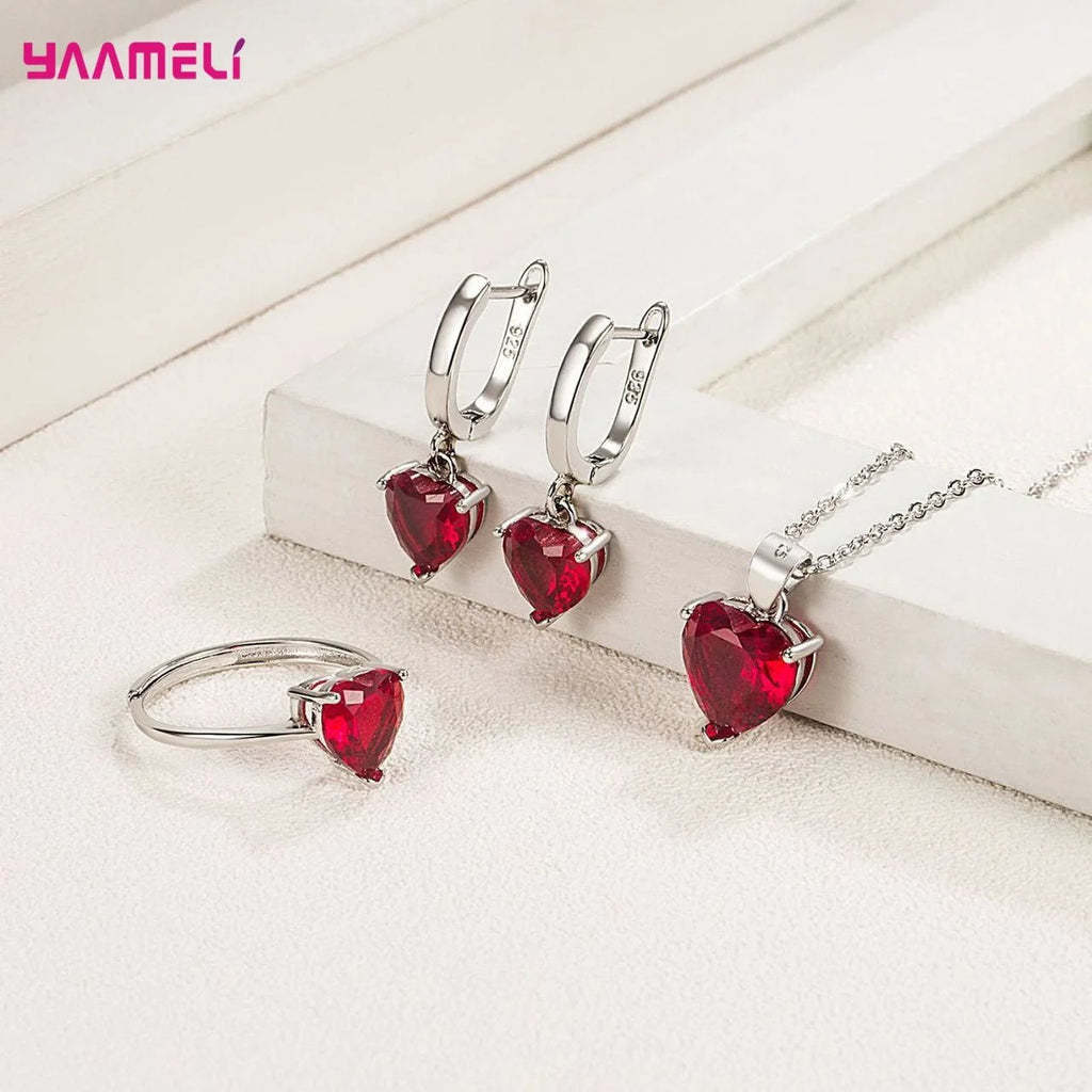 Fine 925 Sterling Silver Color Jewelry Gift Sets for Women Female Romantic Heart Zircon Huggie Earrings Pendant Necklace Ring - PrimeNest