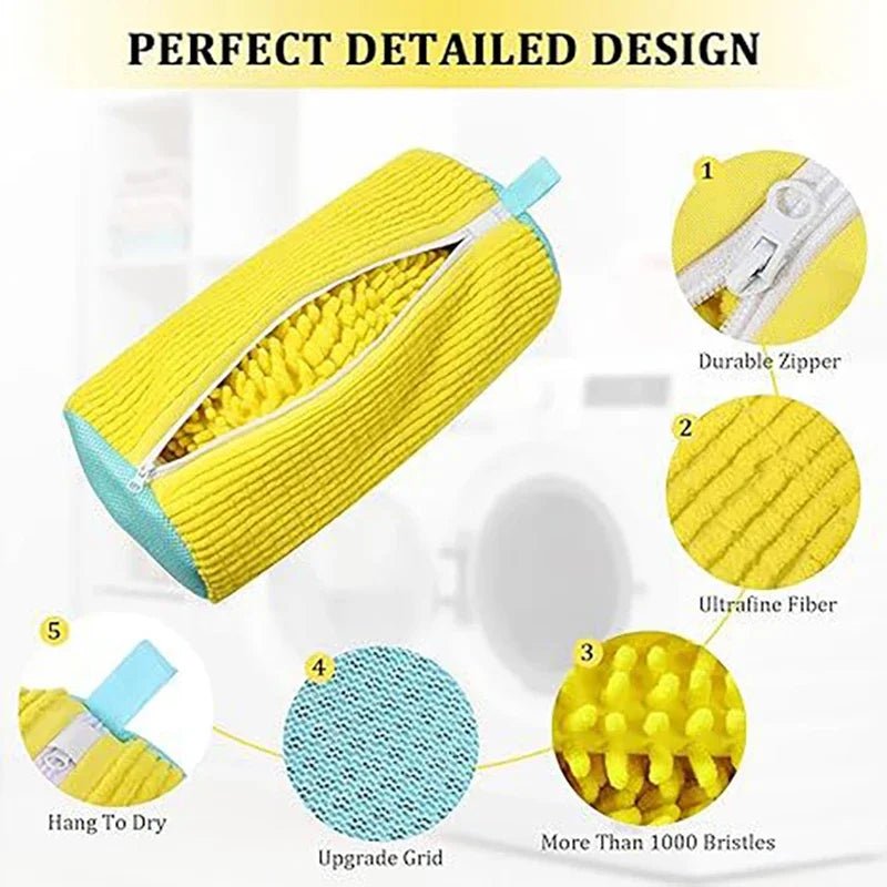 Fluffy Fiber Shoe Washing Bag 360° Surround Cleaning Reusable Durable Machine-Washable Laundry Bag with Zipper Closure (1pc) - PrimeNest