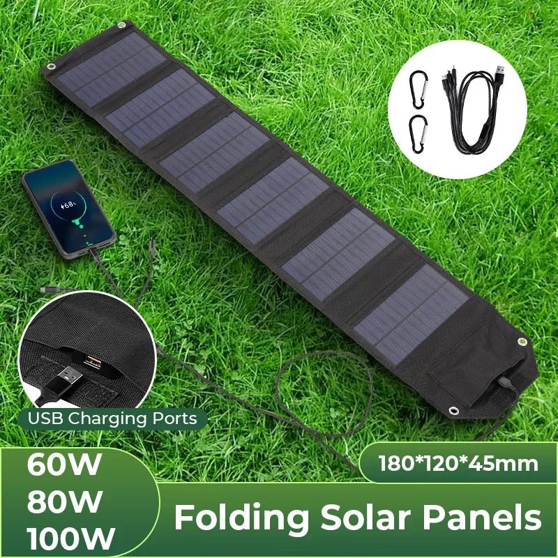 Folding Solar Panel 60W/80W/100W USB 5V Solar Charger Portable Solar Battery Power Bank for Outdoor Camping Hiking + Cable - PrimeNest