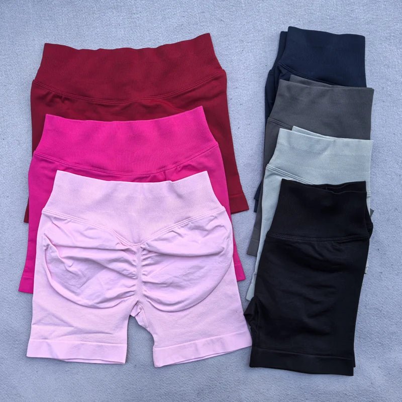 Gym Shorts Women Fitness Sports Biker Shorts 4.5" Low Ribbed Band Yoga Shorts Workout Scrunch Butt Seamless Leggings - PrimeNest