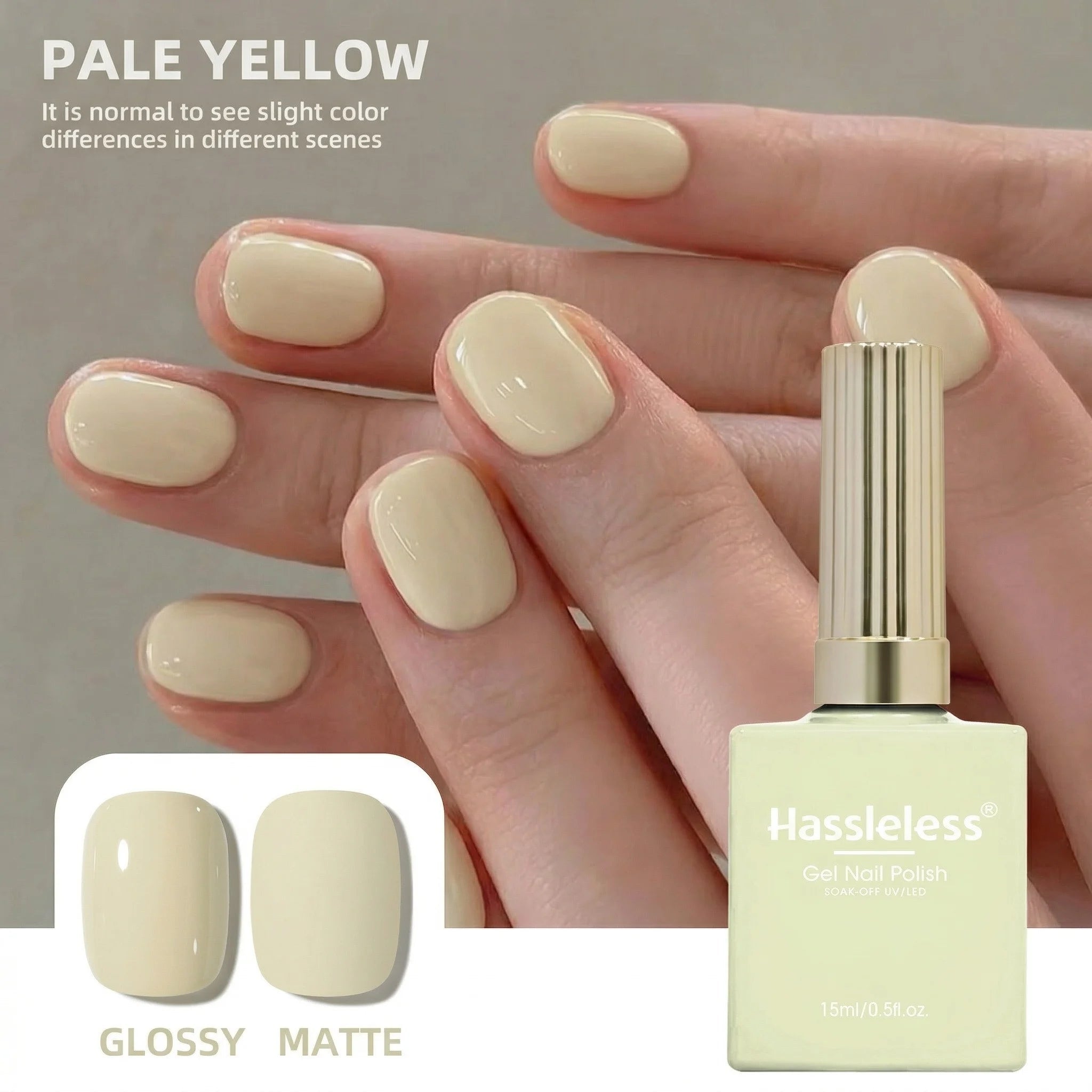 Hassleless 1 Bottle (15ml) Pale Yellow Solid-Color Nail Gel — Simple, Beginner-Friendly Soak-Off Gel Polish, Suitable for All Se - PrimeNest