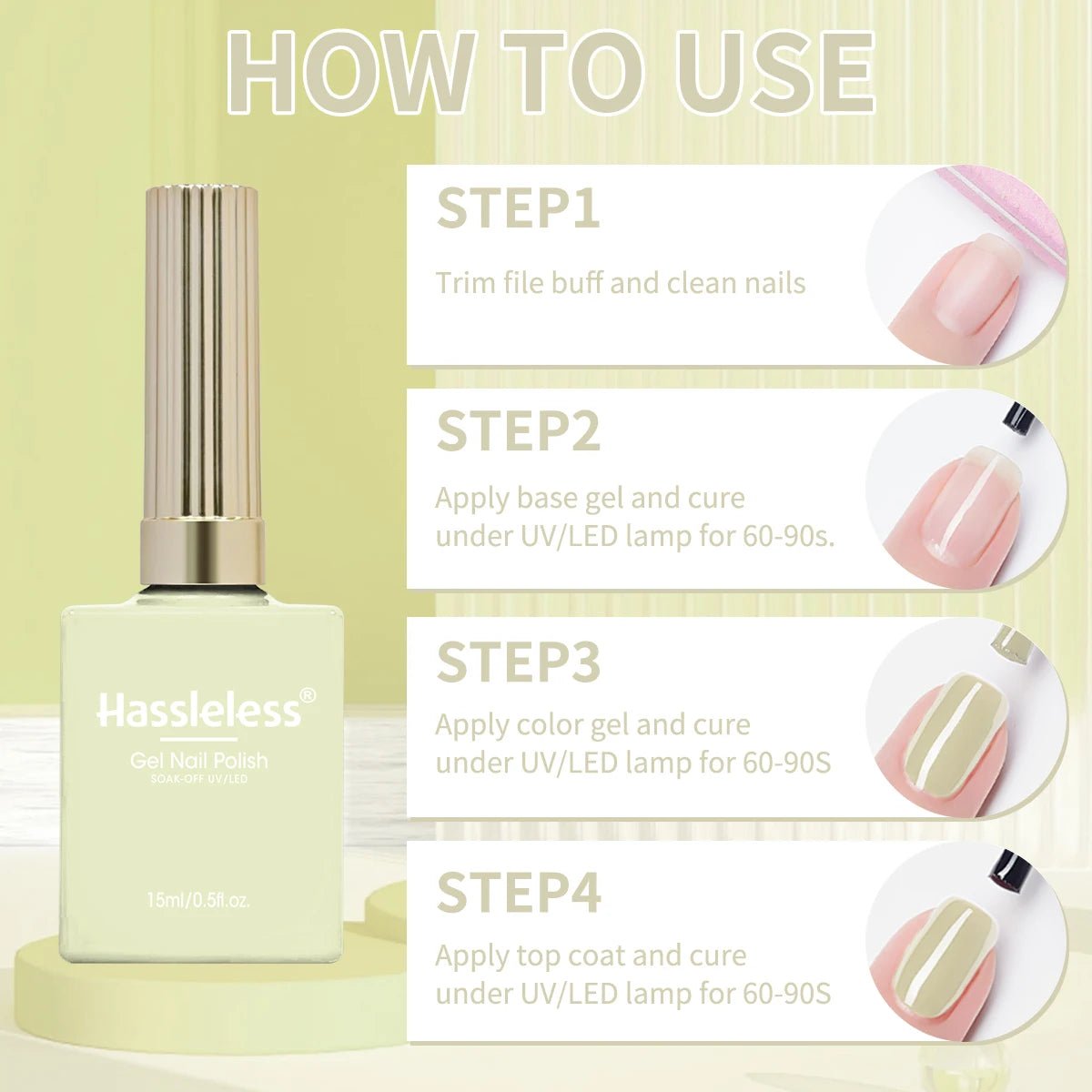 Hassleless 1 Bottle (15ml) Pale Yellow Solid-Color Nail Gel — Simple, Beginner-Friendly Soak-Off Gel Polish, Suitable for All Se - PrimeNest
