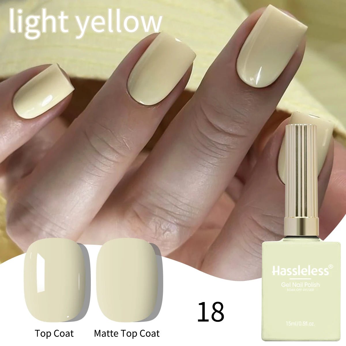 Hassleless 1 Bottle (15ml) Pale Yellow Solid-Color Nail Gel — Simple, Beginner-Friendly Soak-Off Gel Polish, Suitable for All Se - PrimeNest