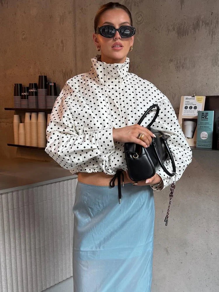 HH Fashion Women's Polka Dot Print Short Coats Autumn Long Sleeves Turtleneck Zipper With Pockets Drawstring Casual Jacket - PrimeNest
