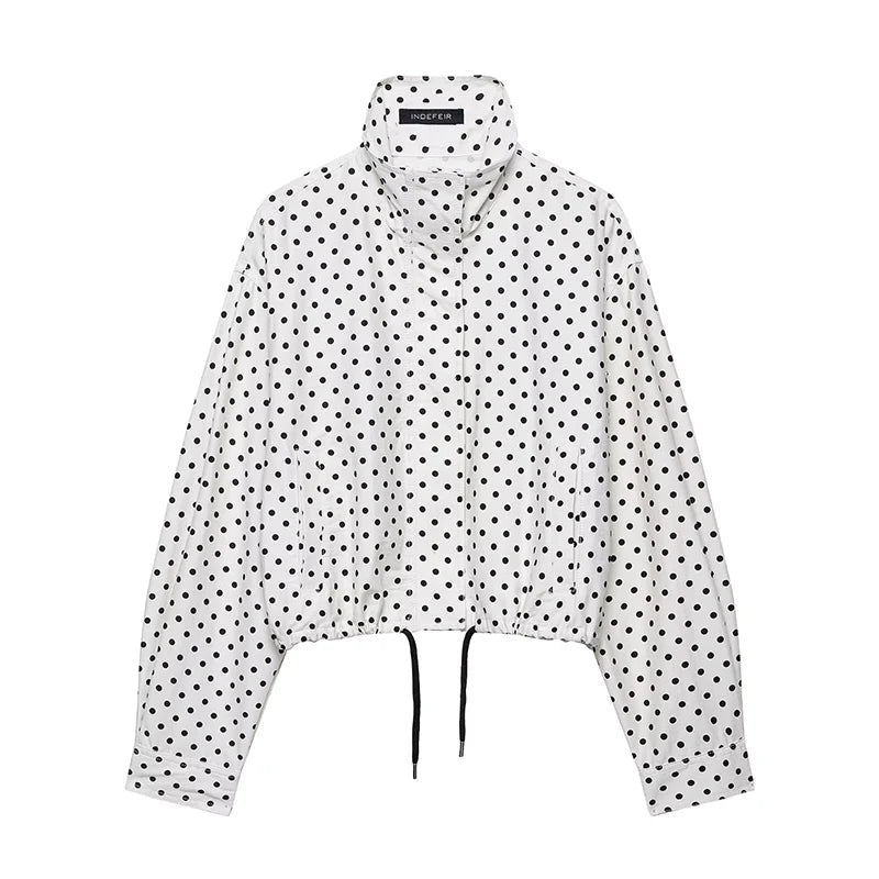 HH Fashion Women's Polka Dot Print Short Coats Autumn Long Sleeves Turtleneck Zipper With Pockets Drawstring Casual Jacket - PrimeNest