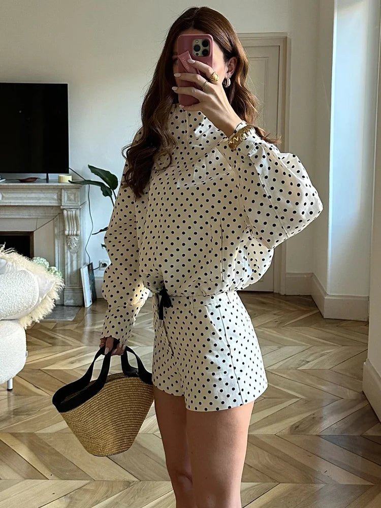HH Fashion Women's Polka Dot Print Short Coats Autumn Long Sleeves Turtleneck Zipper With Pockets Drawstring Casual Jacket - PrimeNest