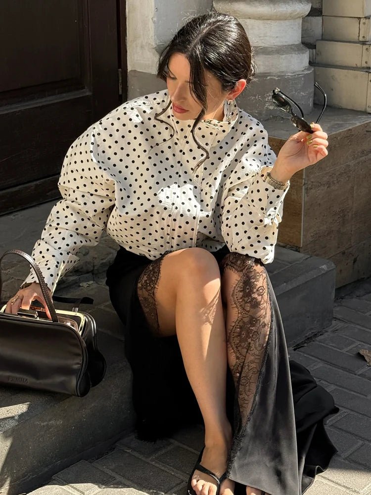 HH Fashion Women's Polka Dot Print Short Coats Autumn Long Sleeves Turtleneck Zipper With Pockets Drawstring Casual Jacket - PrimeNest