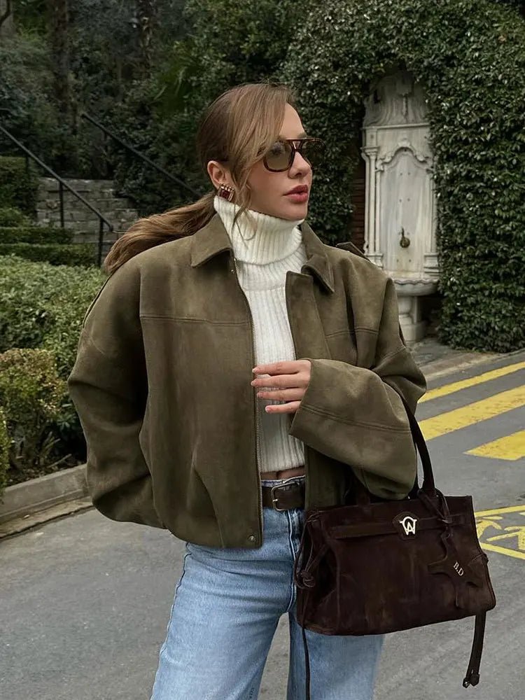 HH Women's Street Fashion Solid Loose Suede Texture Coats Causal Long Bat Sleeves Lapel Zipper Fly Winter Vintage Jackets - PrimeNest