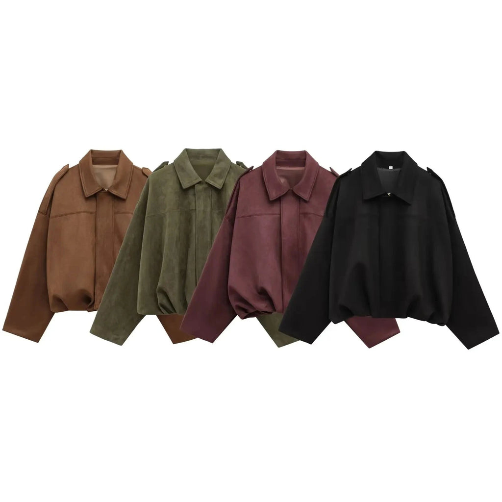 HH Women's Street Fashion Solid Loose Suede Texture Coats Causal Long Bat Sleeves Lapel Zipper Fly Winter Vintage Jackets - PrimeNest