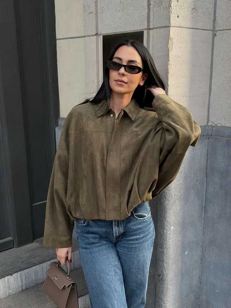 HH Women's Street Fashion Solid Loose Suede Texture Coats Causal Long Bat Sleeves Lapel Zipper Fly Winter Vintage Jackets - PrimeNest