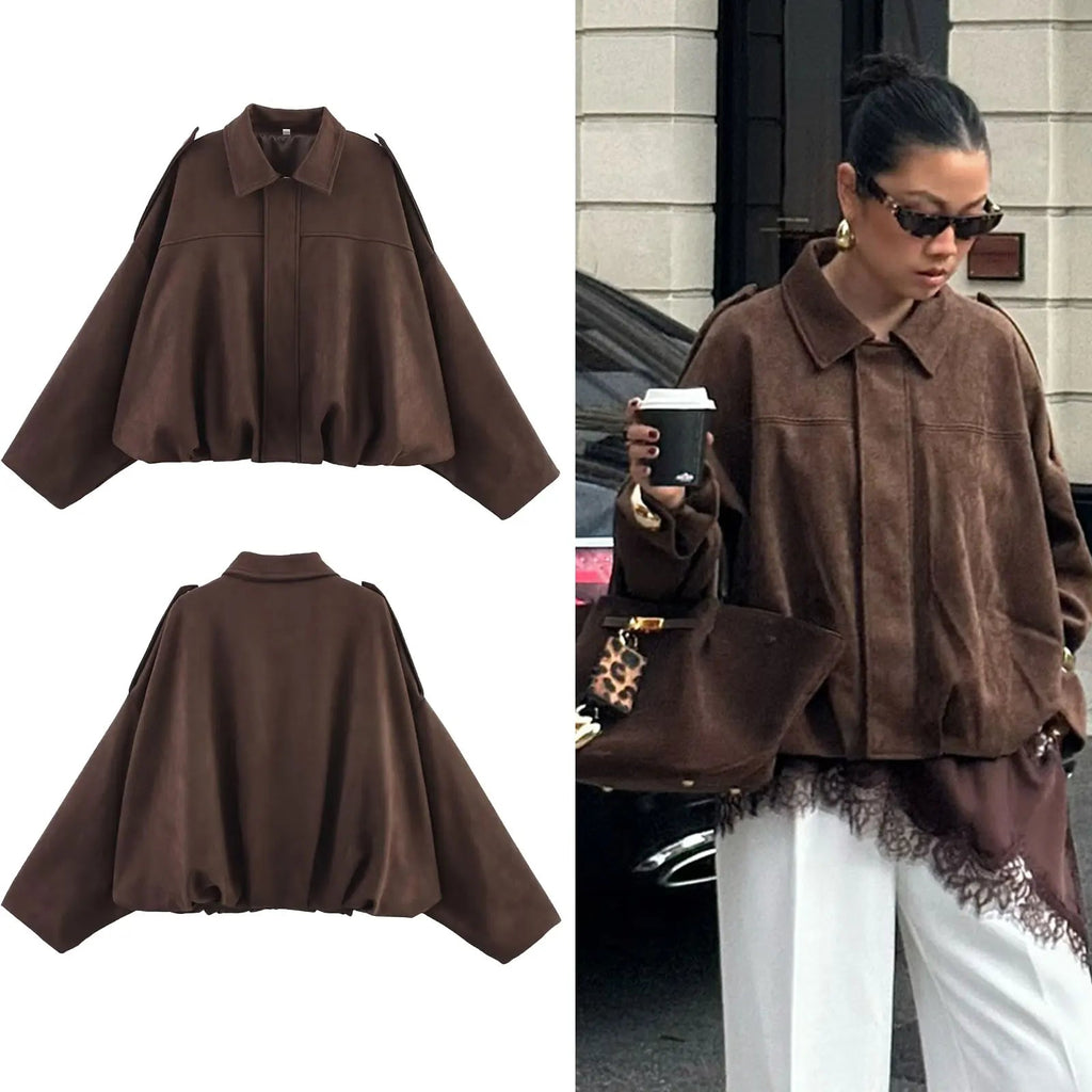 HH Women's Street Fashion Solid Loose Suede Texture Coats Causal Long Bat Sleeves Lapel Zipper Fly Winter Vintage Jackets - PrimeNest