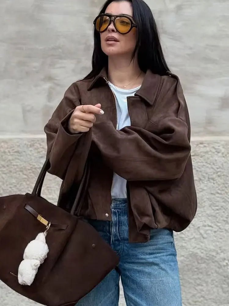HH Women's Street Fashion Solid Loose Suede Texture Coats Causal Long Bat Sleeves Lapel Zipper Fly Winter Vintage Jackets - PrimeNest