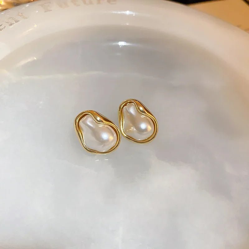 Irregular Baroque Pleated Imitation Pearl Stud Earrings For Women French Retro Temperament Earrings Gentle Jewelry Accessories N - PrimeNest