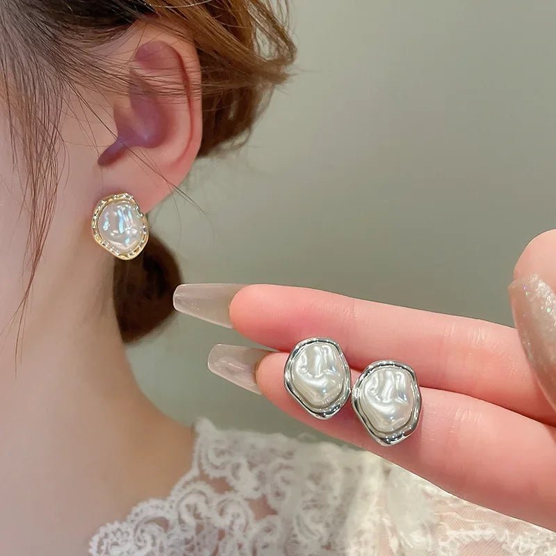 Irregular Baroque Pleated Imitation Pearl Stud Earrings For Women French Retro Temperament Earrings Gentle Jewelry Accessories N - PrimeNest