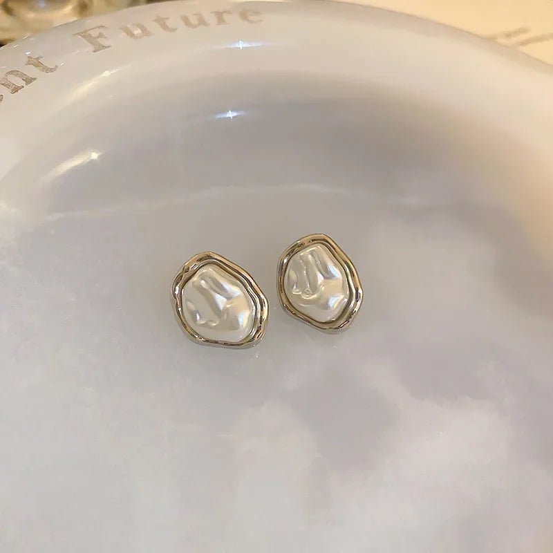 Irregular Baroque Pleated Imitation Pearl Stud Earrings For Women French Retro Temperament Earrings Gentle Jewelry Accessories N - PrimeNest