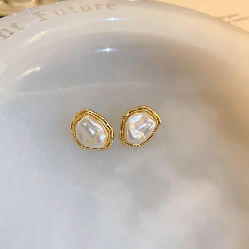 Irregular Baroque Pleated Imitation Pearl Stud Earrings For Women French Retro Temperament Earrings Gentle Jewelry Accessories N - PrimeNest