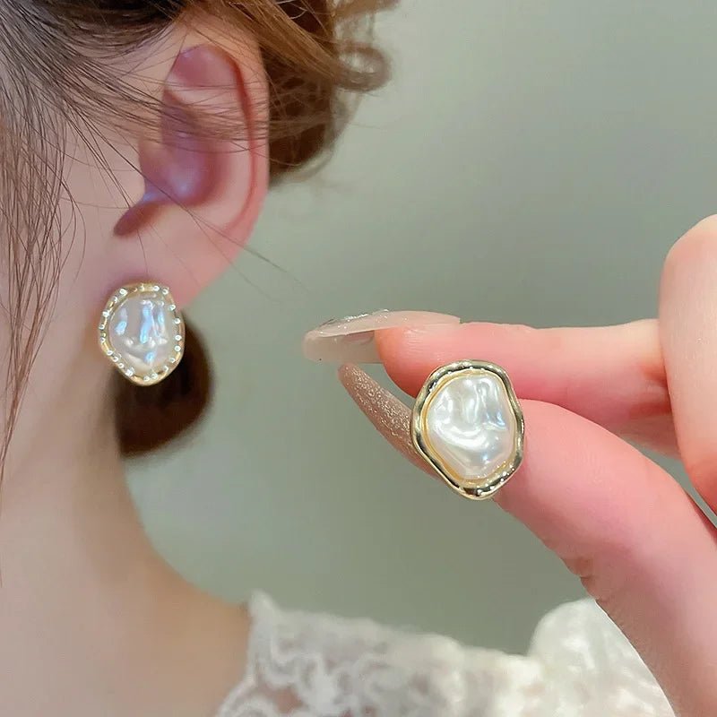 Irregular Baroque Pleated Imitation Pearl Stud Earrings For Women French Retro Temperament Earrings Gentle Jewelry Accessories N - PrimeNest