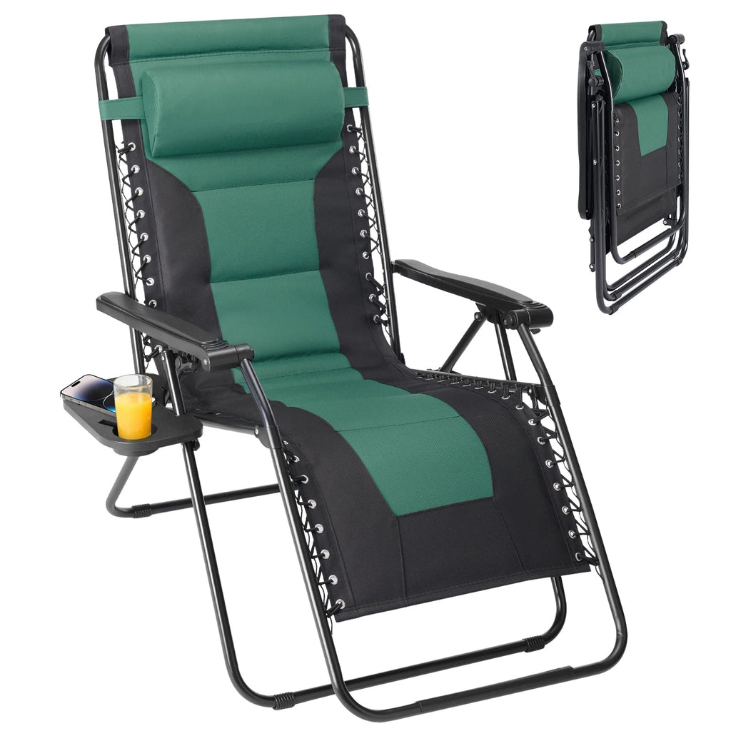 JHK Oversized Zero Gravity Cotton Padded Reclining Chair Foldable Lounge Chair with Adjustable Pillow Cup Holder For Patio - PrimeNest
