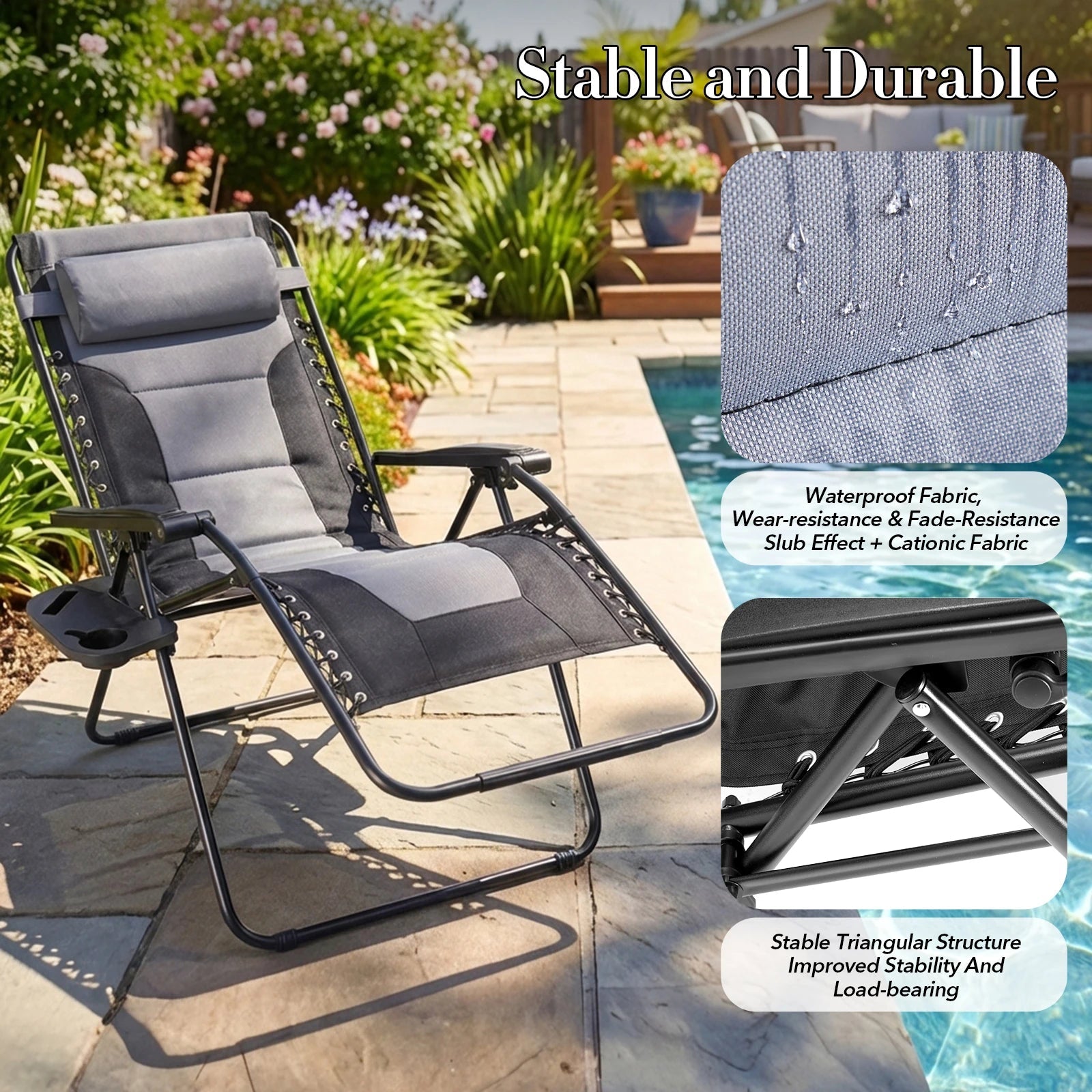 JHK Oversized Zero Gravity Cotton Padded Reclining Chair Foldable Lounge Chair with Adjustable Pillow Cup Holder For Patio - PrimeNest