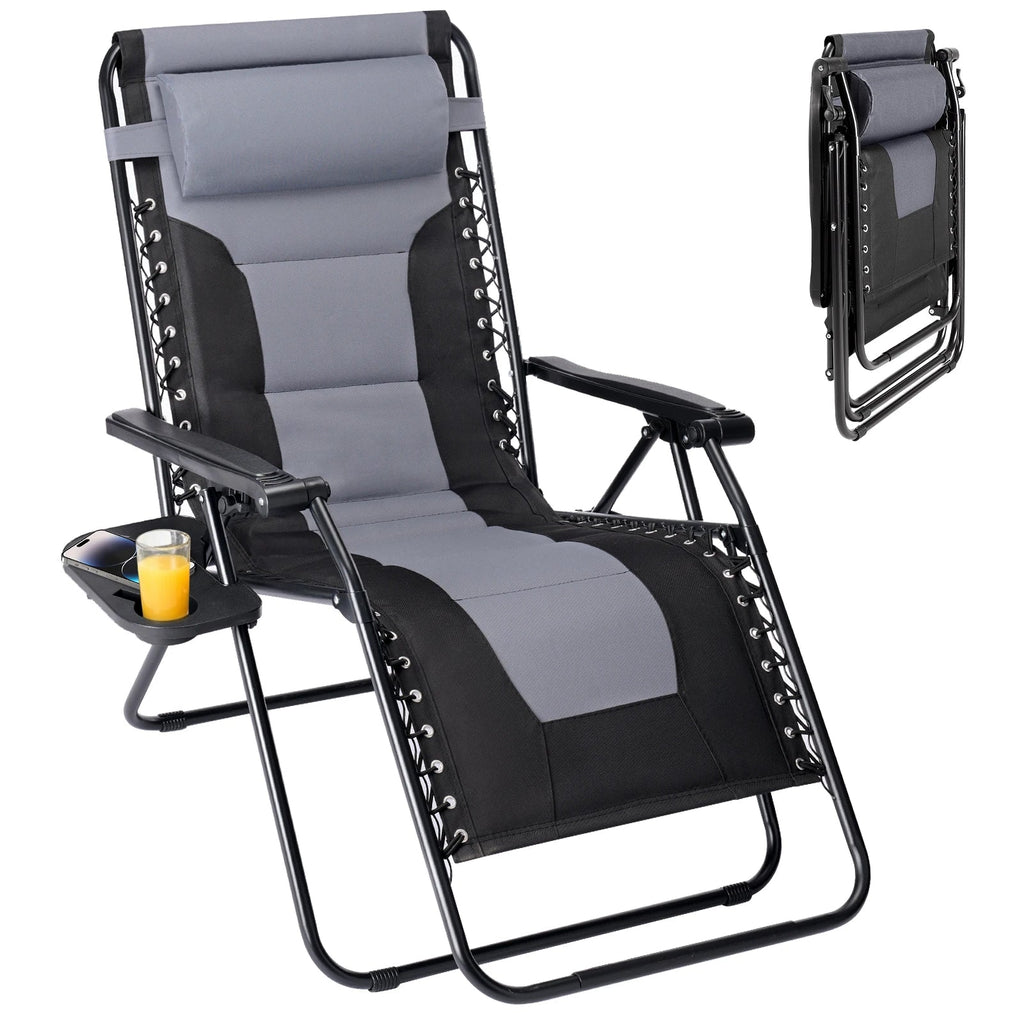 JHK Oversized Zero Gravity Cotton Padded Reclining Chair Foldable Lounge Chair with Adjustable Pillow Cup Holder For Patio - PrimeNest
