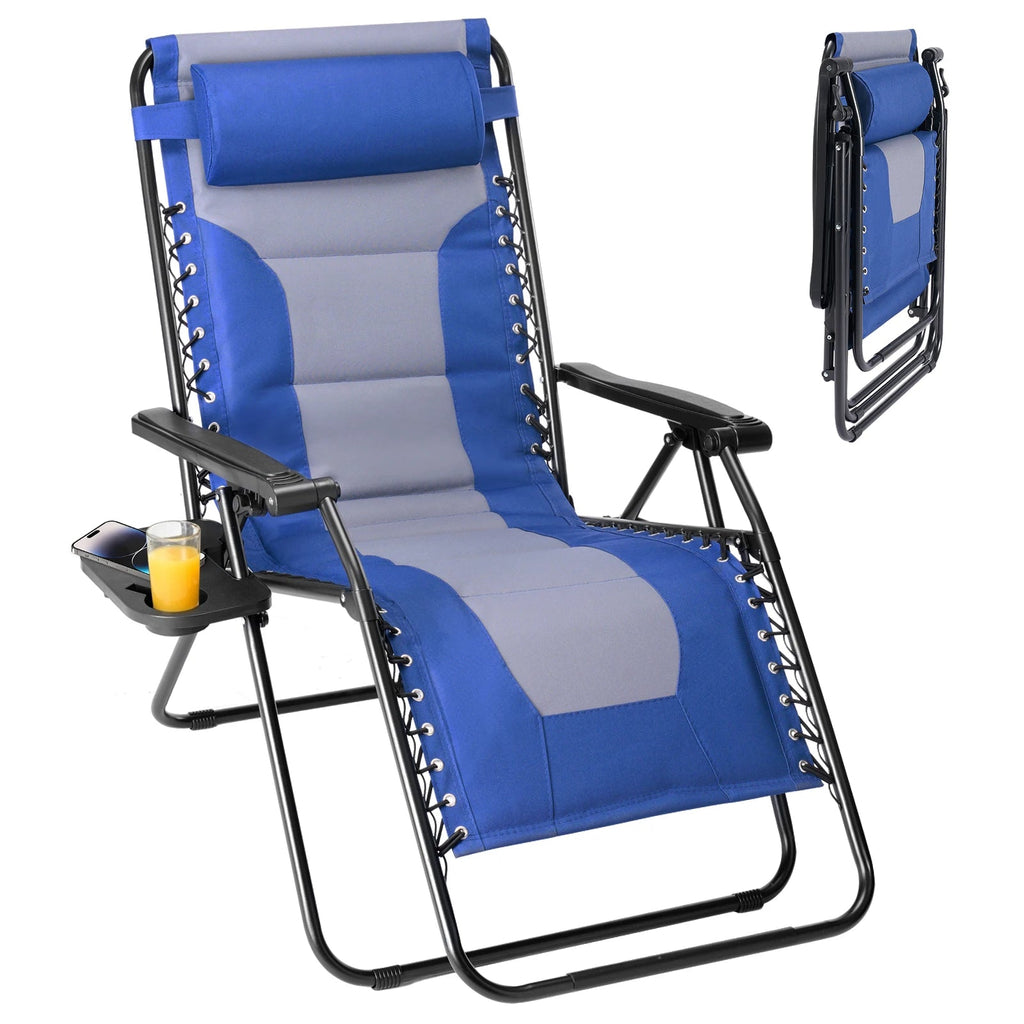 JHK Oversized Zero Gravity Cotton Padded Reclining Chair Foldable Lounge Chair with Adjustable Pillow Cup Holder For Patio - PrimeNest