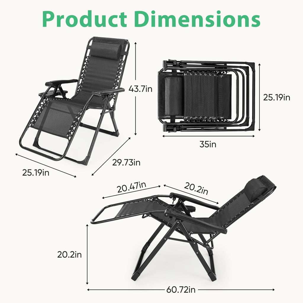 JHK Zero Gravity Recliner Camping Patio Lounge Chair Folding Portable with Cup Holder Trays Removable Cushion For Outdoor Garden - PrimeNest