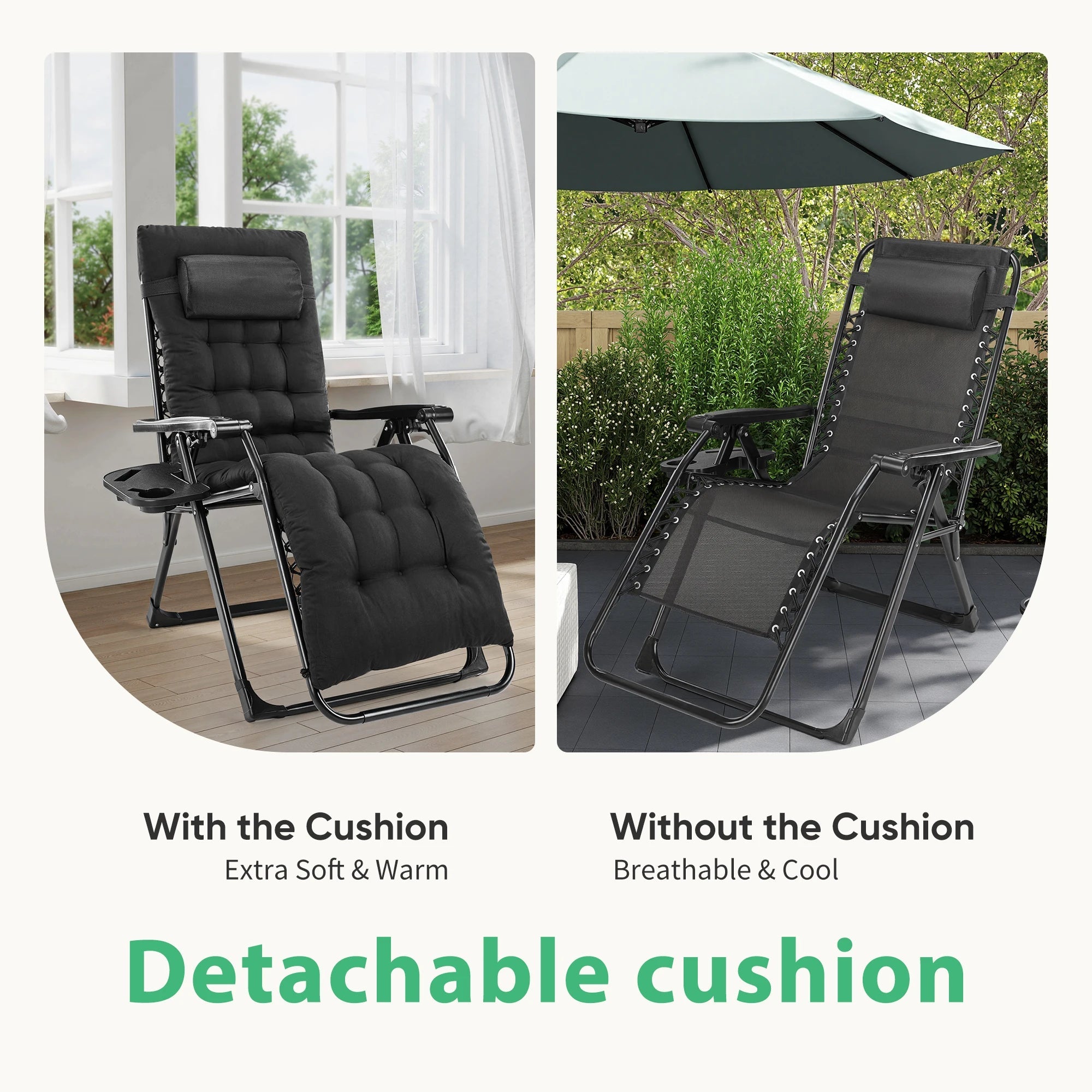 JHK Zero Gravity Recliner Camping Patio Lounge Chair Folding Portable with Cup Holder Trays Removable Cushion For Outdoor Garden - PrimeNest