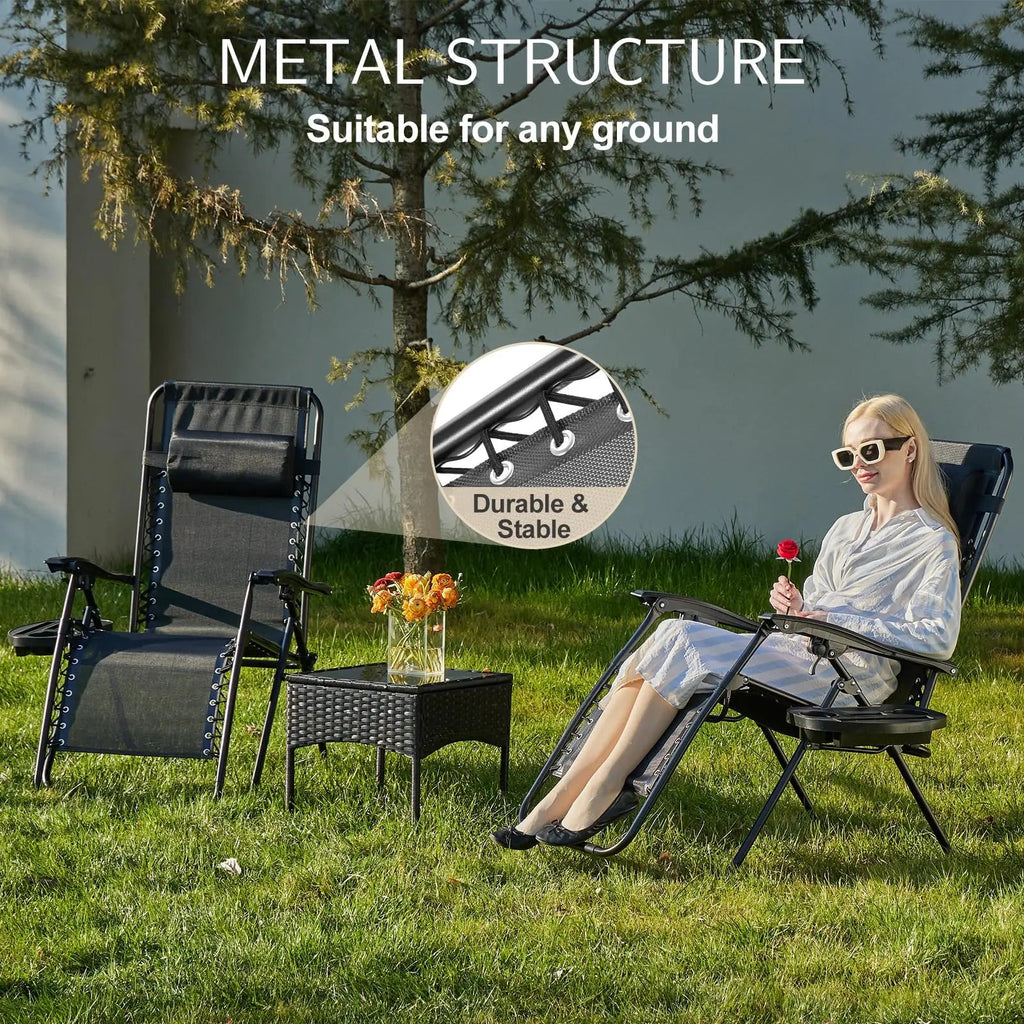JHK Zero Gravity Set of 2 Portable Recliner Camping Patio Outdoor Garden Lounge Chair with Cup Holder Trays Adjustable Pillow - PrimeNest
