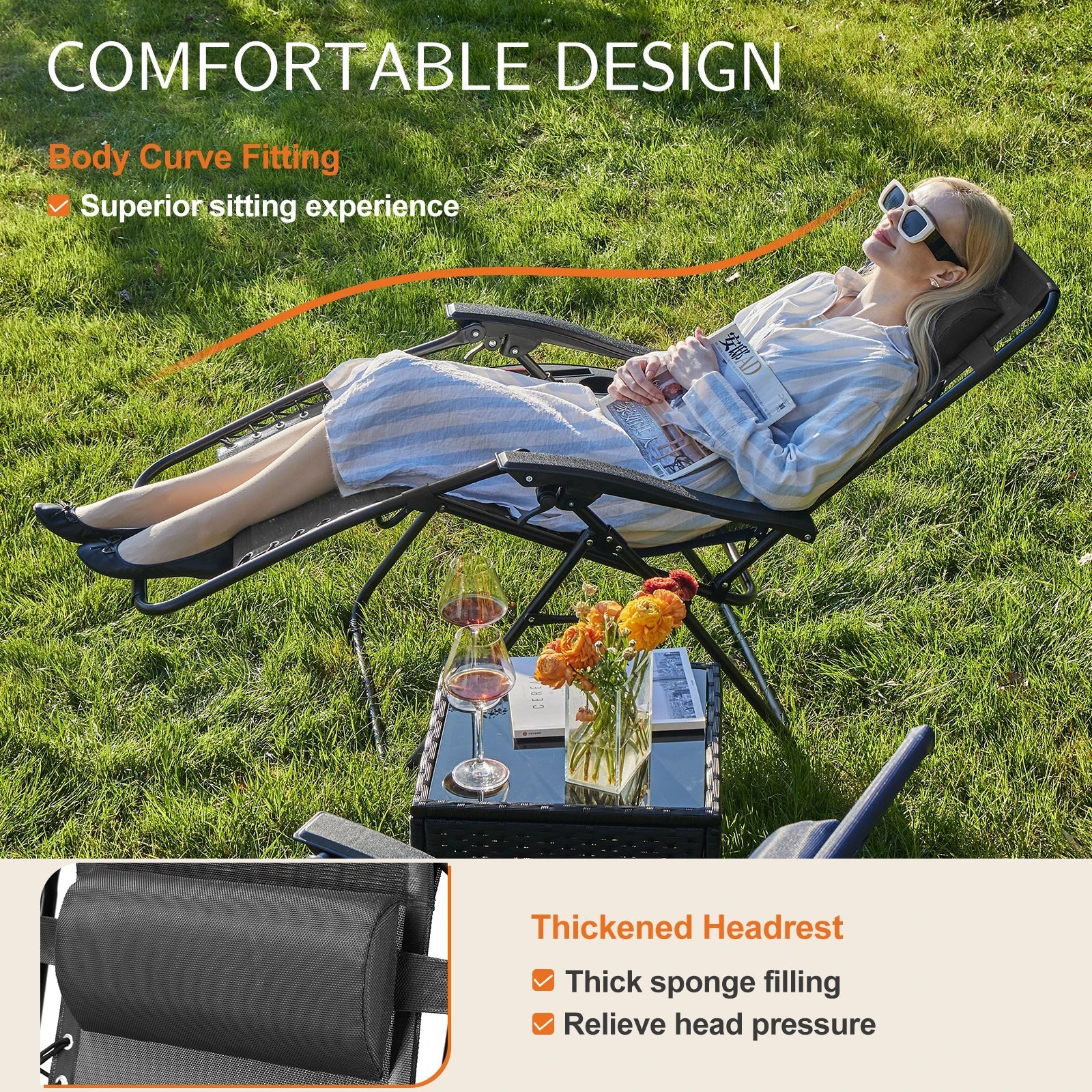 JHK Zero Gravity Set of 2 Portable Recliner Camping Patio Outdoor Garden Lounge Chair with Cup Holder Trays Adjustable Pillow - PrimeNest