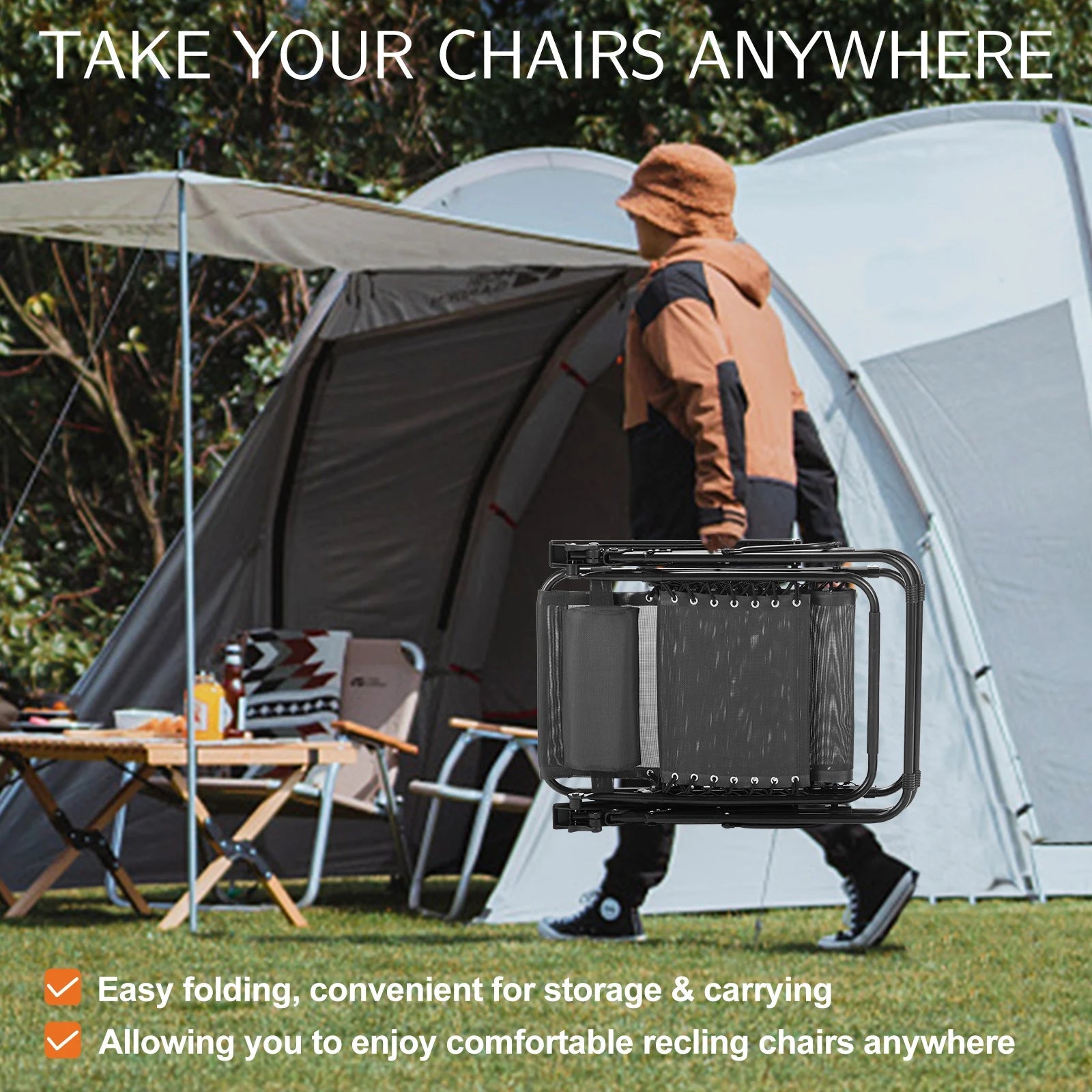 JHK Zero Gravity Set of 2 Portable Recliner Camping Patio Outdoor Garden Lounge Chair with Cup Holder Trays Adjustable Pillow - PrimeNest