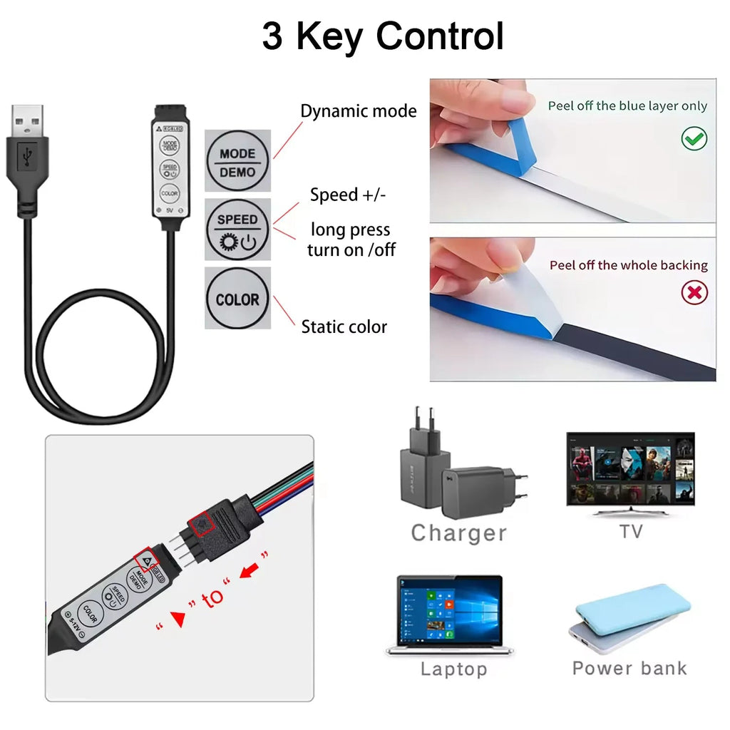 Led Lights for TV 3 Key Control Led Strip USB 5V Tape Lights for TV Backlight Home Party Decoration Flexible Ribbon - PrimeNest
