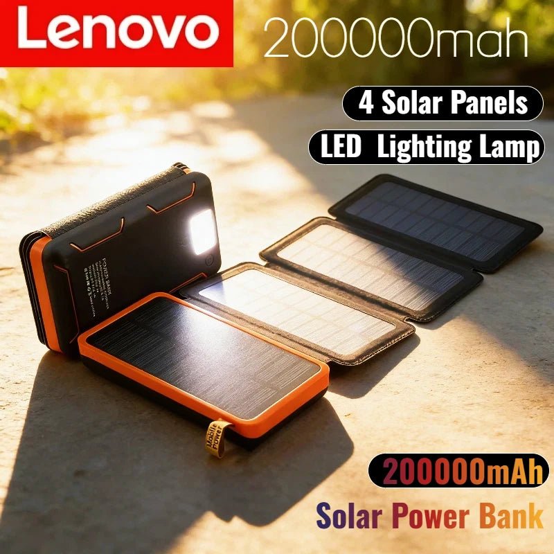 Lenovo LED Solar Power Bank 200000mAh 4 Solar Panels Wireless Charger Portable External Battery Flashlight for Outdoor Travel - PrimeNest