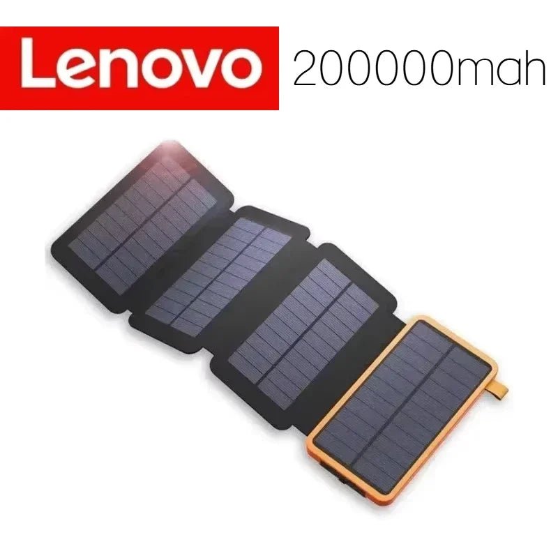 Lenovo LED Solar Power Bank 200000mAh 4 Solar Panels Wireless Charger Portable External Battery Flashlight for Outdoor Travel - PrimeNest