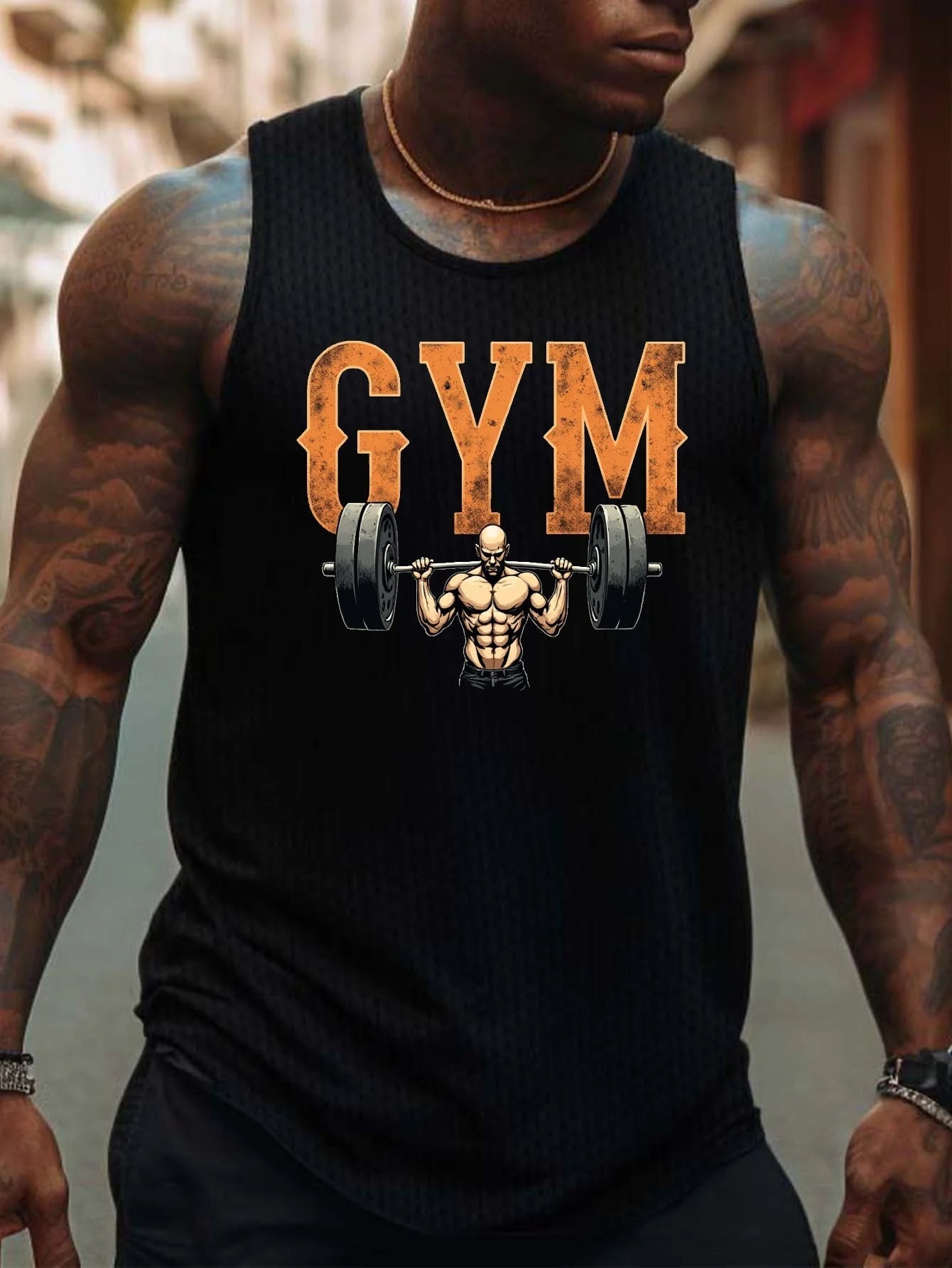 Men's fitness vest with fitness-themed patterns - breathable polyester, sleeveless sports outfit - PrimeNest